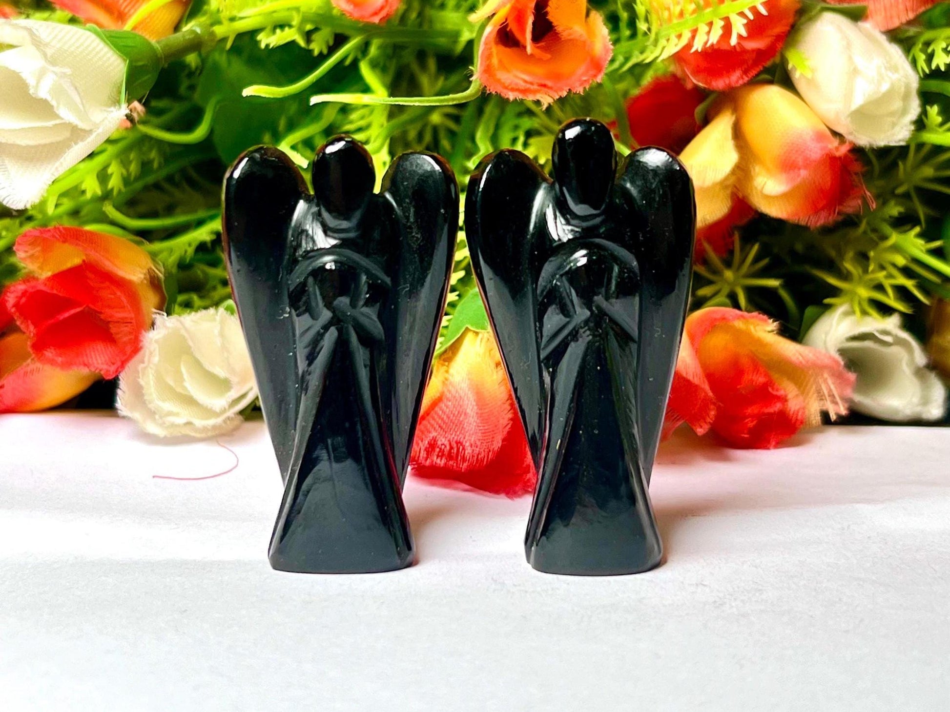 2" Black Obsidian Stone ANGEL (1) Piece Free standing guardian Angel crystal Reiki energy blessed hand carved Angelic connection