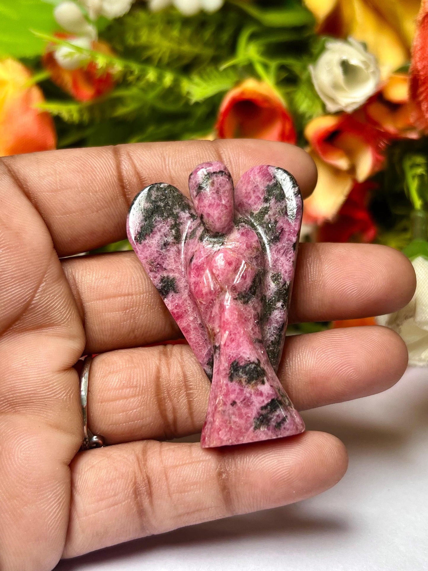 2" Rhodonite Crystal Stone ANGEL One(1)Piece Free standing guardian Angel crystal Reiki energy blessed hand carved Angelic connection