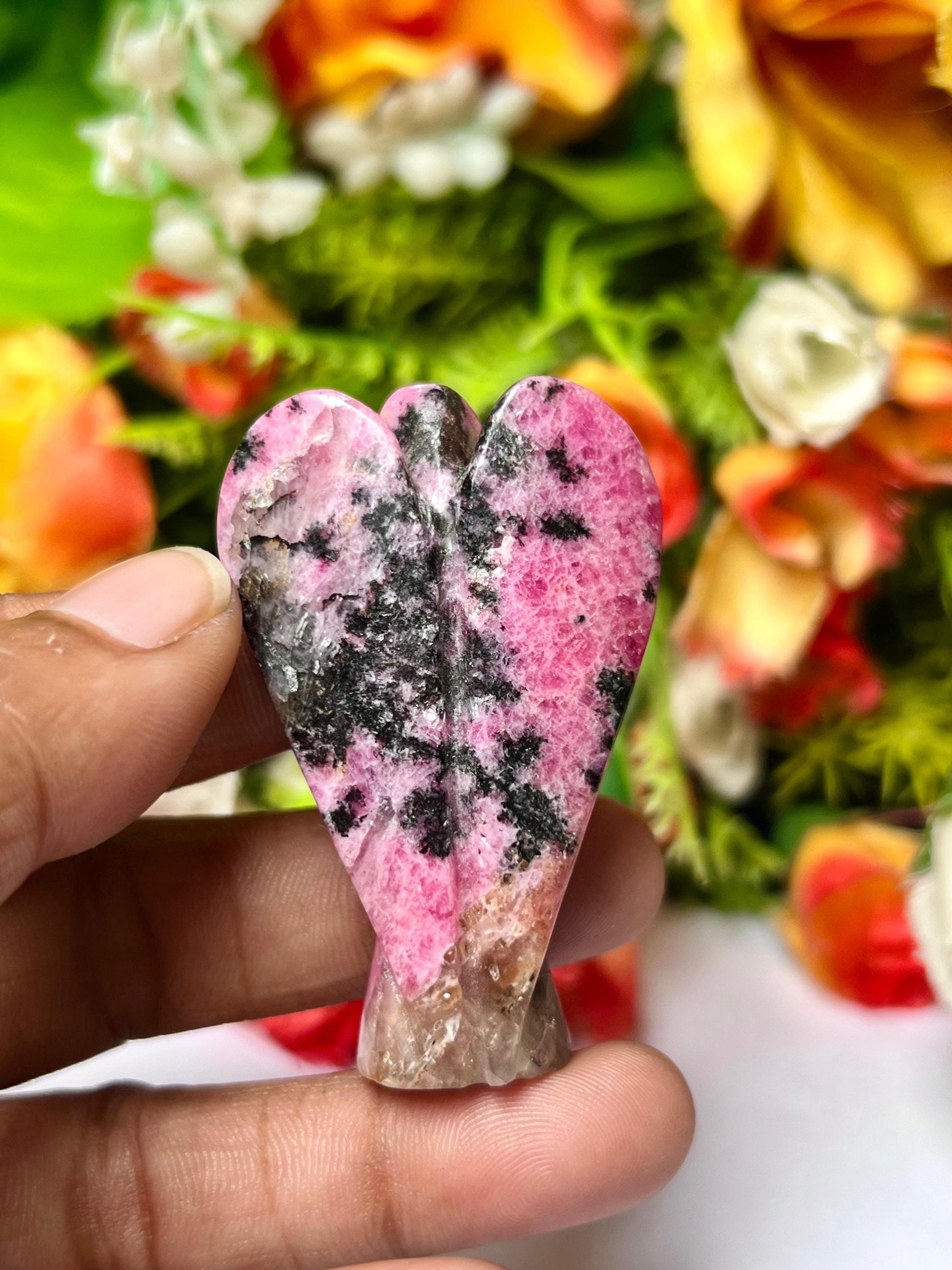 2" Rhodonite Crystal Stone ANGEL One(1)Piece Free standing guardian Angel crystal Reiki energy blessed hand carved Angelic connection