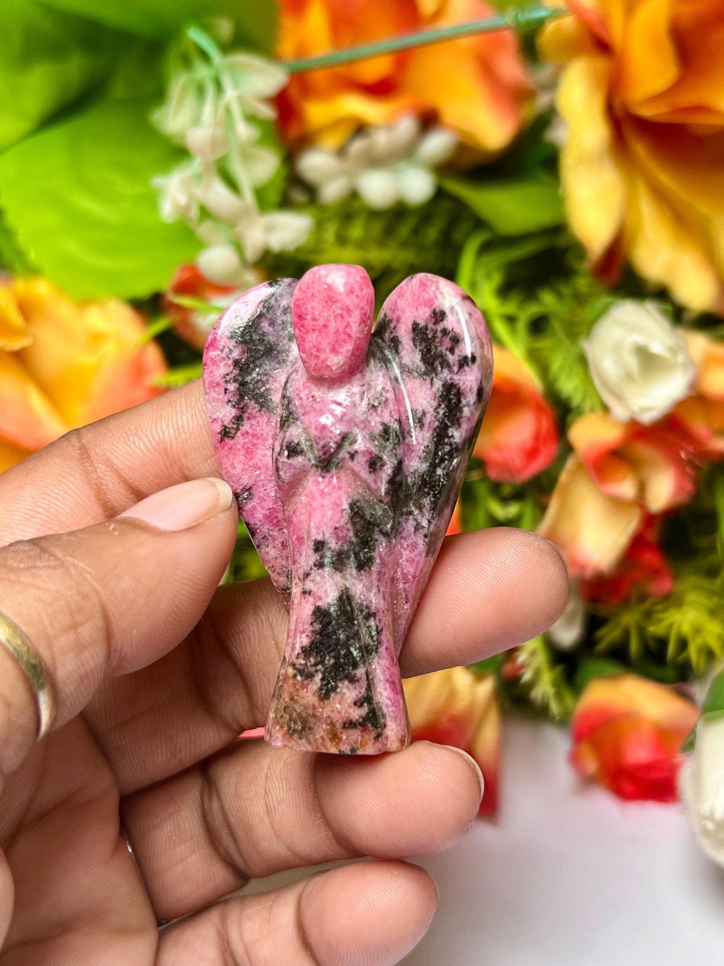 2" Rhodonite Crystal Stone ANGEL One(1)Piece Free standing guardian Angel crystal Reiki energy blessed hand carved Angelic connection