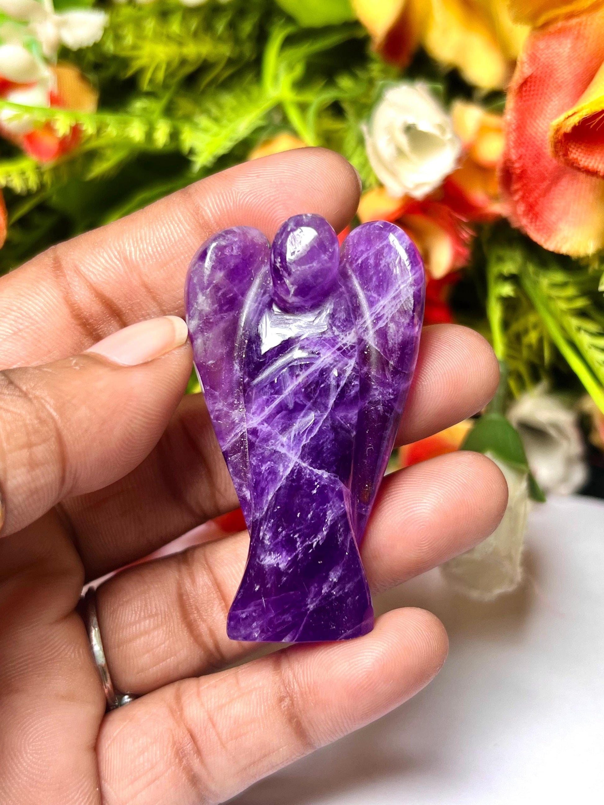 2" Amethyst Stone ANGEL (1) Piece Free standing guardian Angel crystal Reiki energy blessed hand carved Pocket Angel Angelic connection