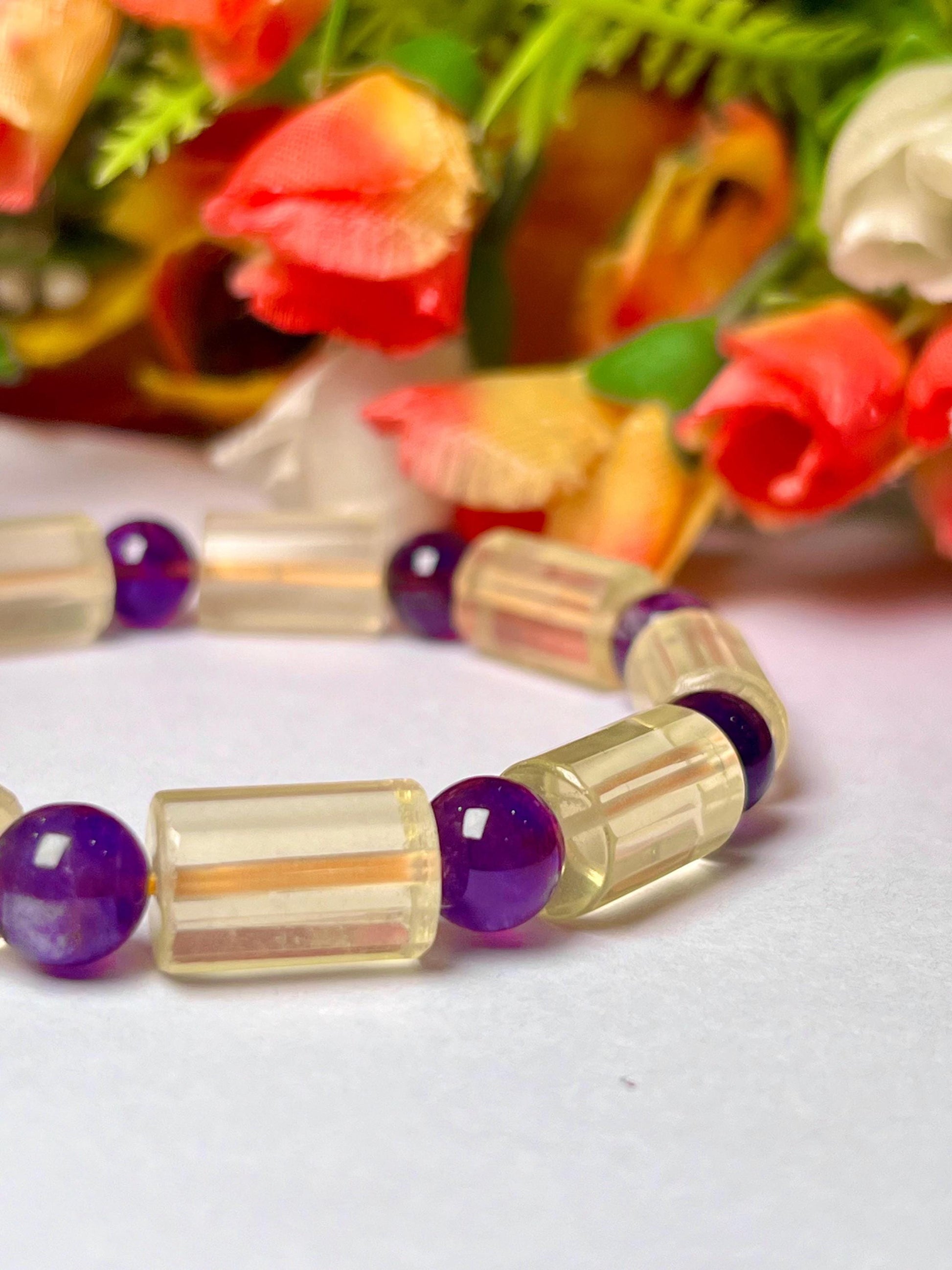 Lemon Quartz With Amethyst Stone Bracelet l Stretchable Bracelet l Unisex Bracelet