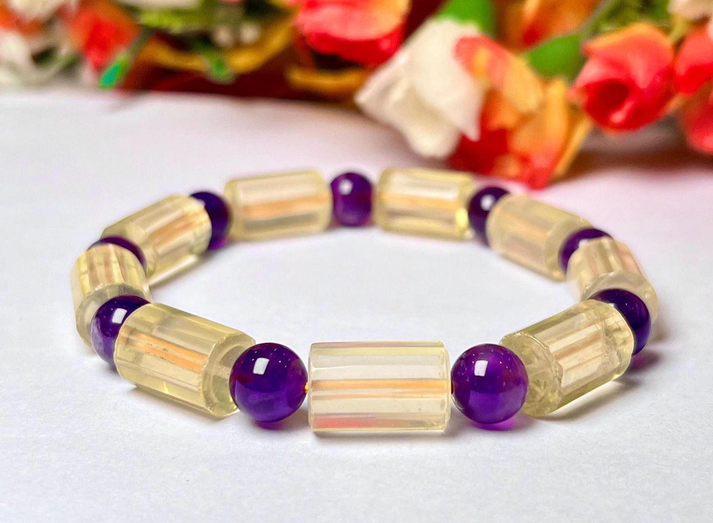 Lemon Quartz With Amethyst Stone Bracelet l Stretchable Bracelet l Unisex Bracelet