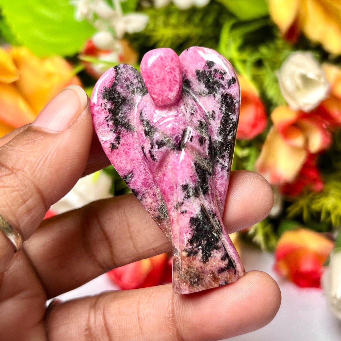 2" Rhodonite Crystal Stone ANGEL One(1)Piece Free standing guardian Angel crystal Reiki energy blessed hand carved Angelic connection