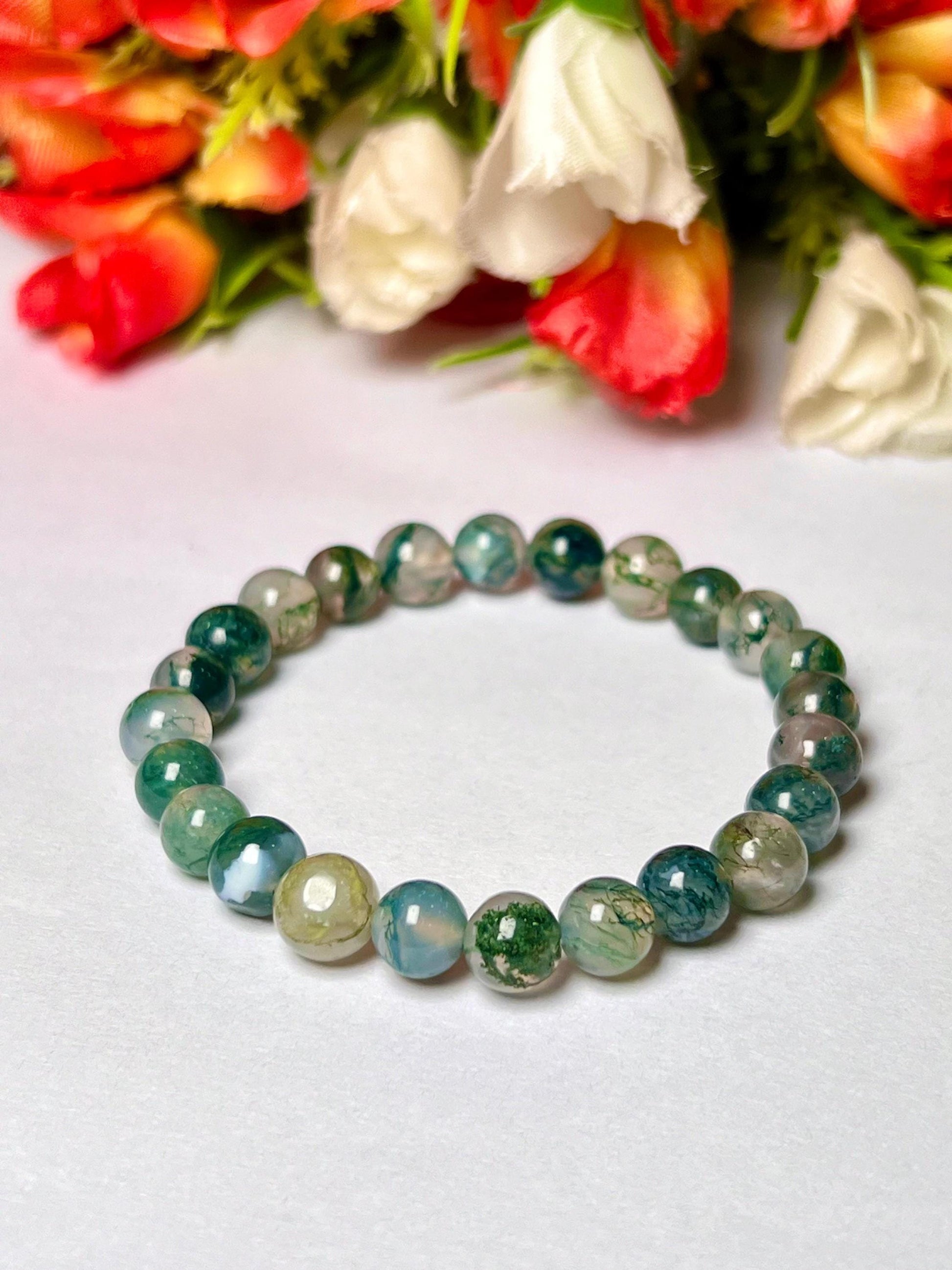 Moss Agate Stone Bracelet l Stretchable Bracelet l Unisex Bracelet l 8 MM Bracelet