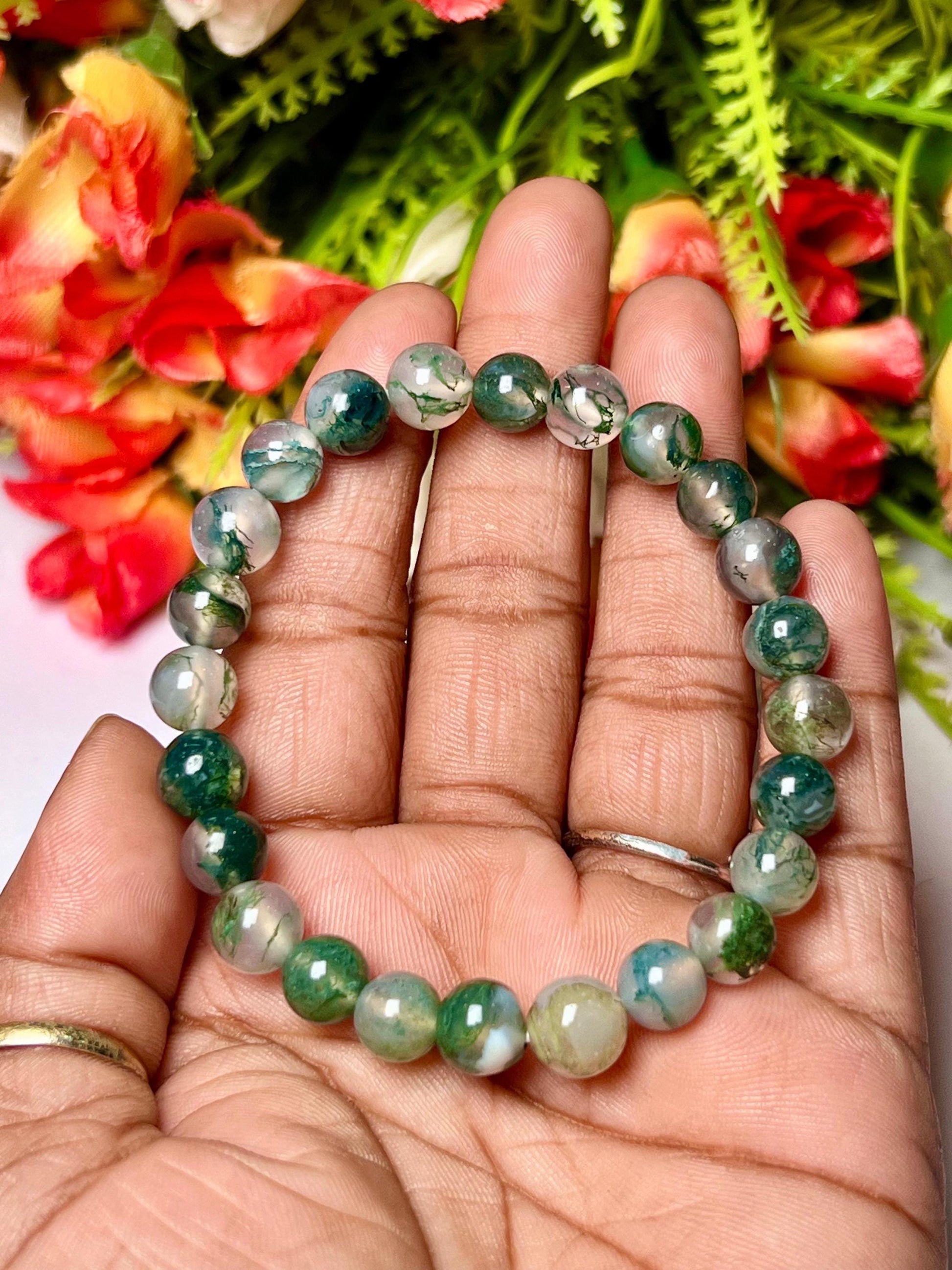 Moss Agate Stone Bracelet l Stretchable Bracelet l Unisex Bracelet l 8 MM Bracelet