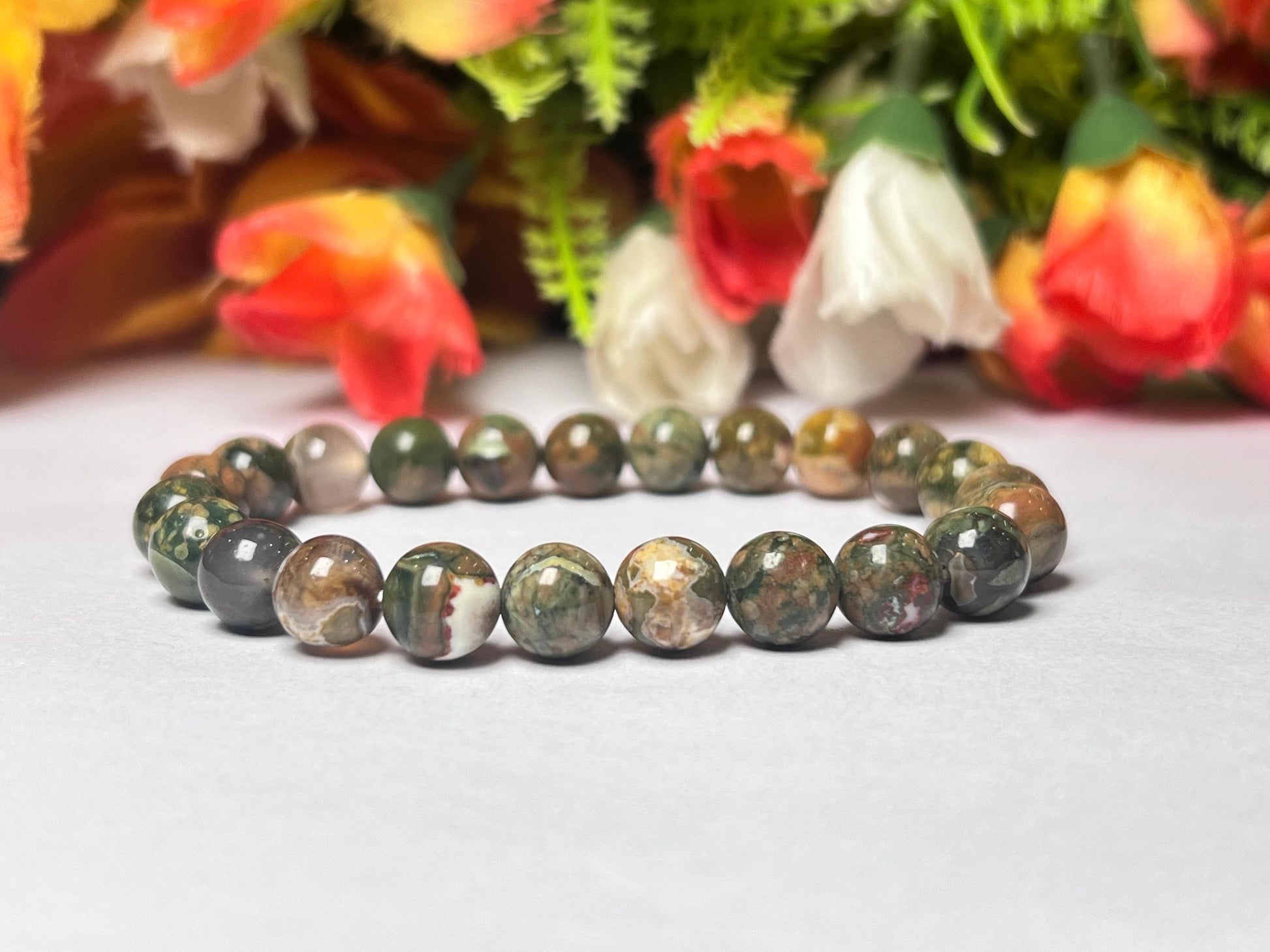 Rhyolite / Rainforest Jasper Stone Bracelet l Stretchable Bracelet l Unisex Bracelet l 8 MM Bracelet