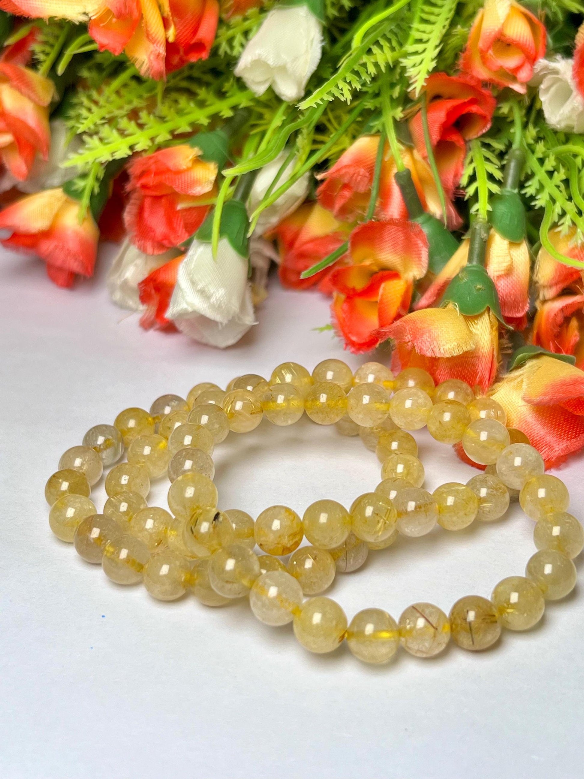 Golden Rutilated Quartz Stone Bracelet l Stretchable Bracelet l Unisex Bracelet l 8 MM Bracelet