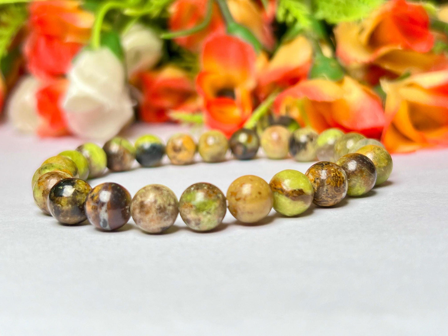 Green Olive Opal Stone Bracelet l Stretchable Bracelet l Unisex Bracelet l 8 MM Bracelet