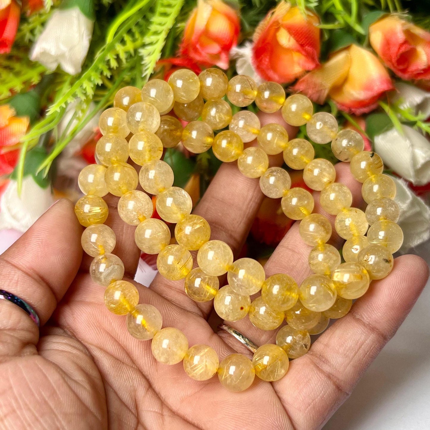 Golden Rutilated Quartz Stone Bracelet l Stretchable Bracelet l Unisex Bracelet l 8 MM Bracelet