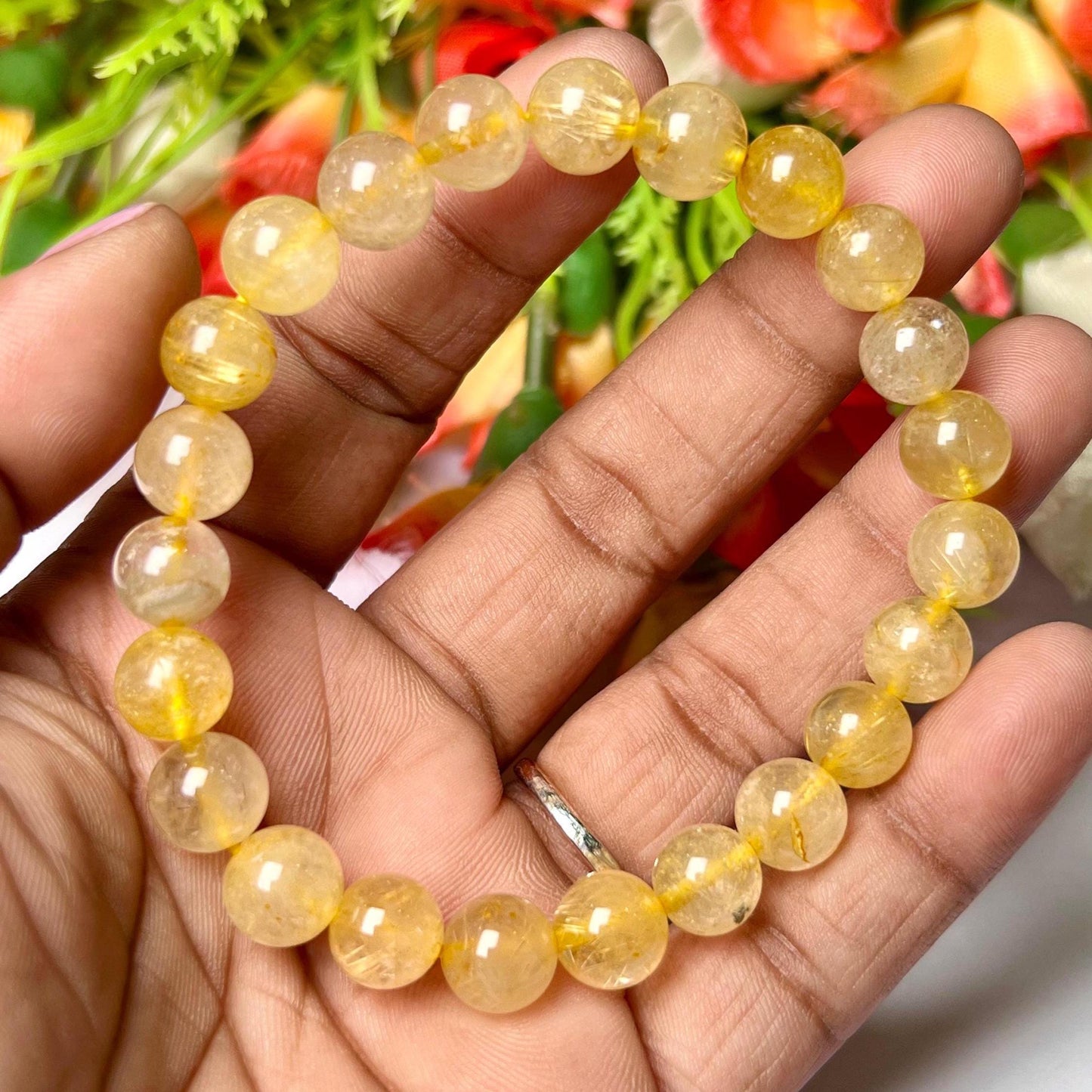 Golden Rutilated Quartz Stone Bracelet l Stretchable Bracelet l Unisex Bracelet l 8 MM Bracelet