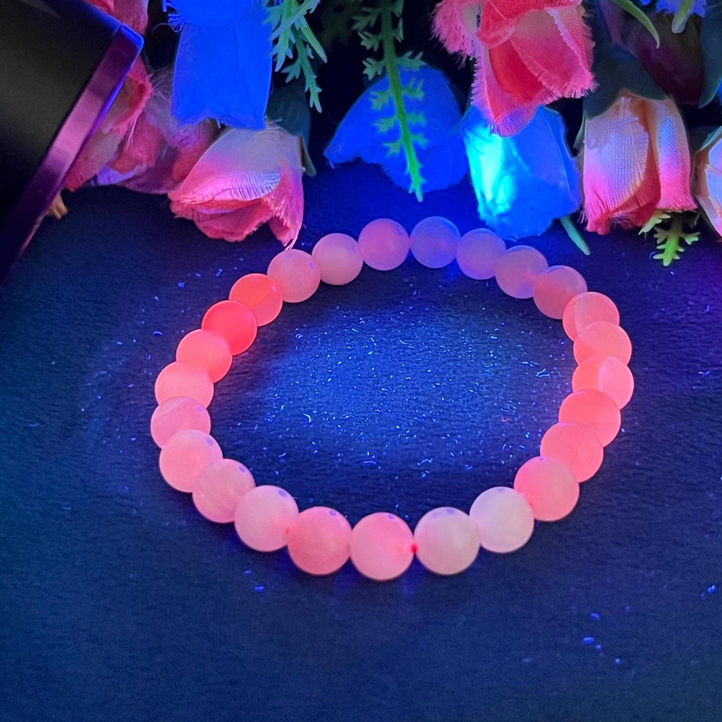 Pink Mangano Calcite Stone Bracelet (U V Light) l Stretchable Bracelet l Unisex Bracelet l 8 MM Bracelet