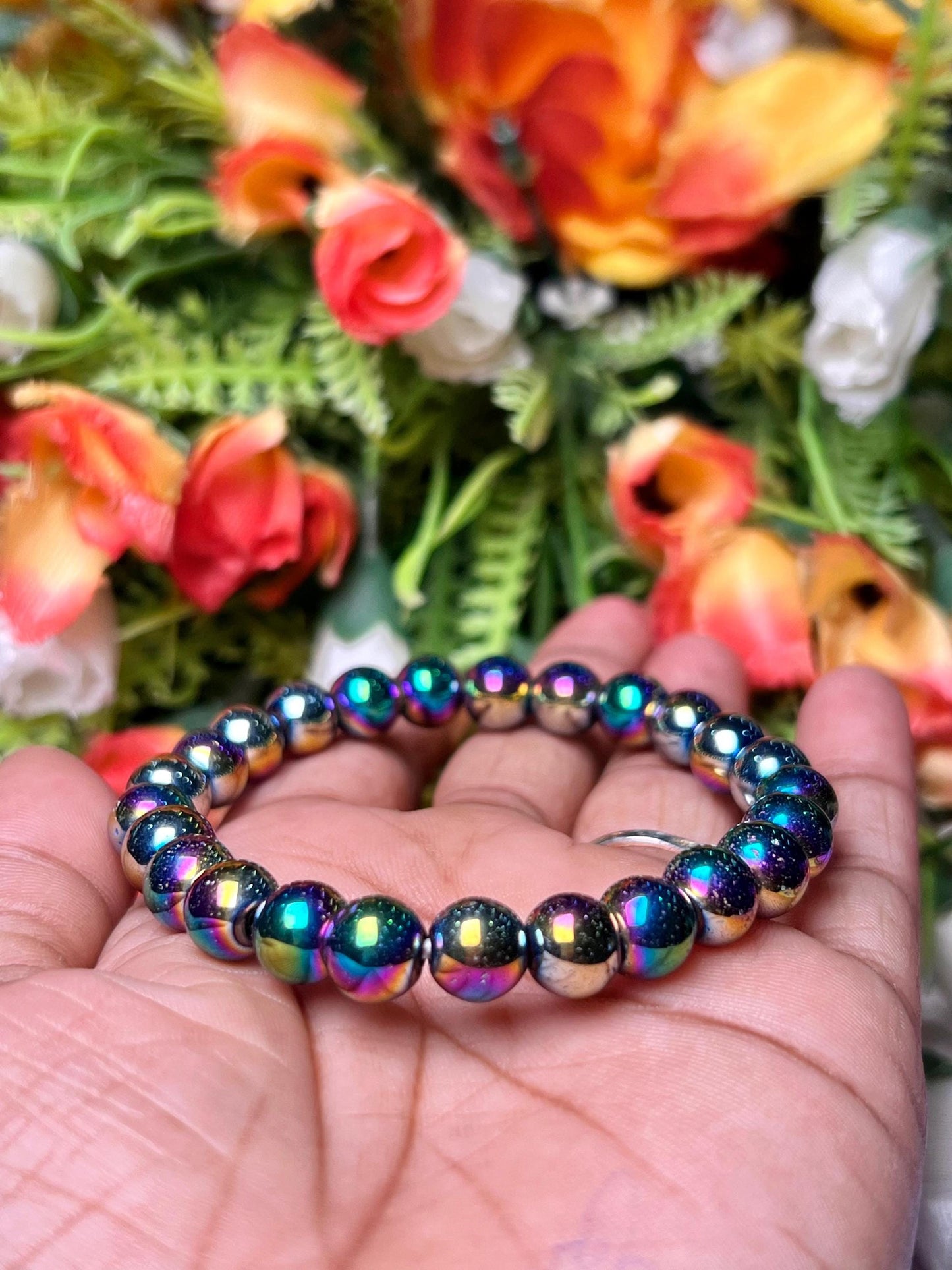 Titanium Aura Quartz Stone Bracelet l Stretchable Bracelet l Unisex Bracelet l 8 MM Bracelet