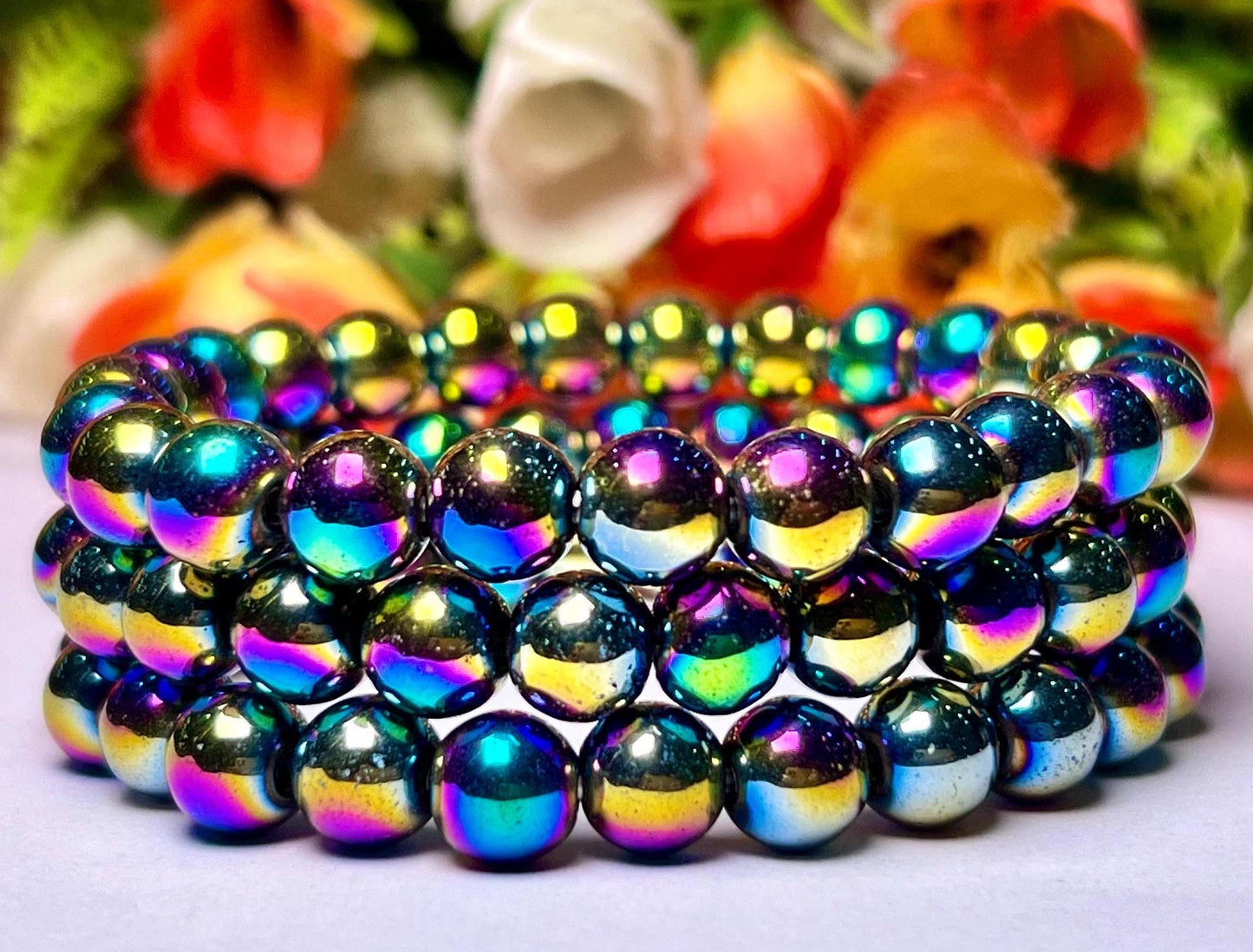 Titanium Aura Quartz Stone Bracelet l Stretchable Bracelet l Unisex Bracelet l 8 MM Bracelet