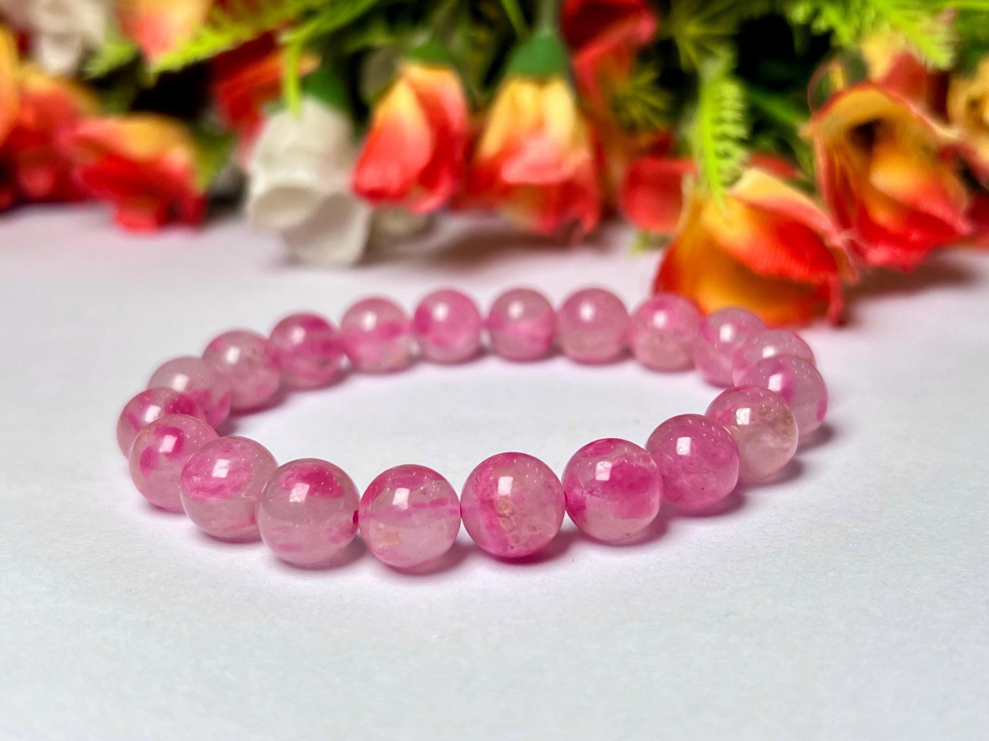 Rhodonite In Quartz Stone Bracelet l Cherry Blossom Sakura Rhodonite Stone Stretchable Bracelet l Unisex Bracelet l 10 MM Bracelet