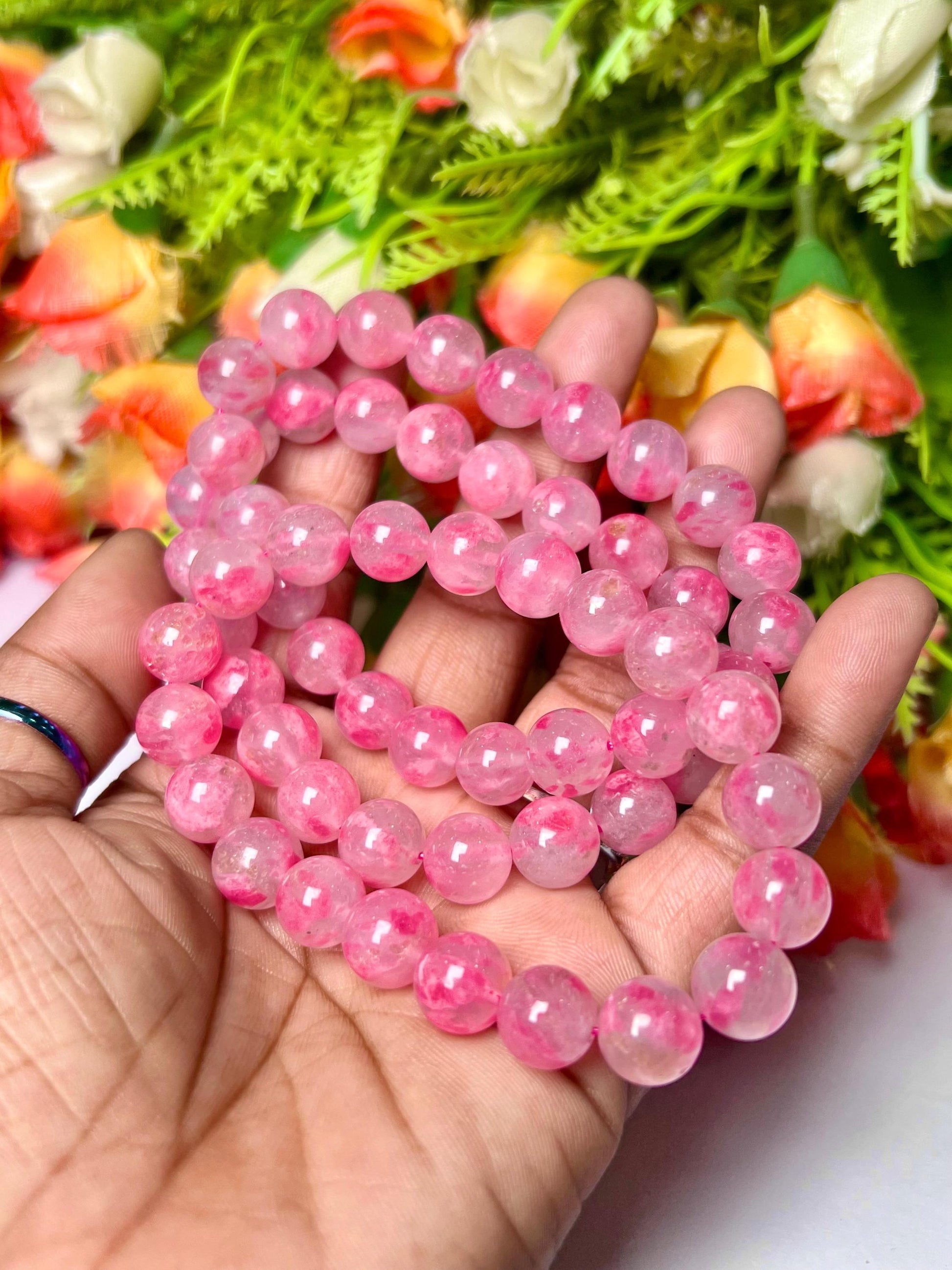 Rhodonite In Quartz Stone Bracelet l Cherry Blossom Sakura Rhodonite Stone Stretchable Bracelet l Unisex Bracelet l 10 MM Bracelet