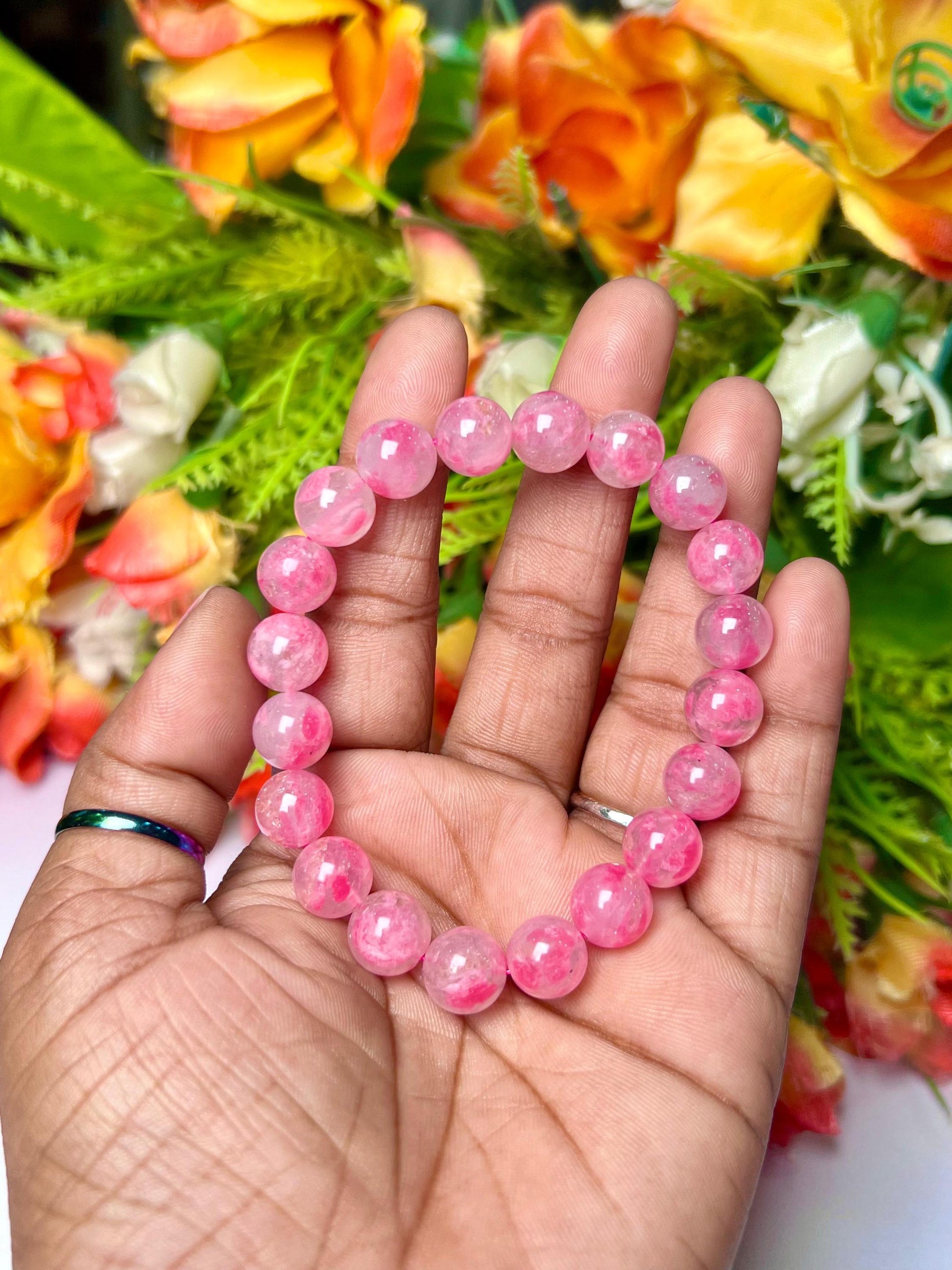 Rhodonite In Quartz Stone Bracelet l Cherry Blossom Sakura Rhodonite Stone Stretchable Bracelet l Unisex Bracelet l 10 MM Bracelet