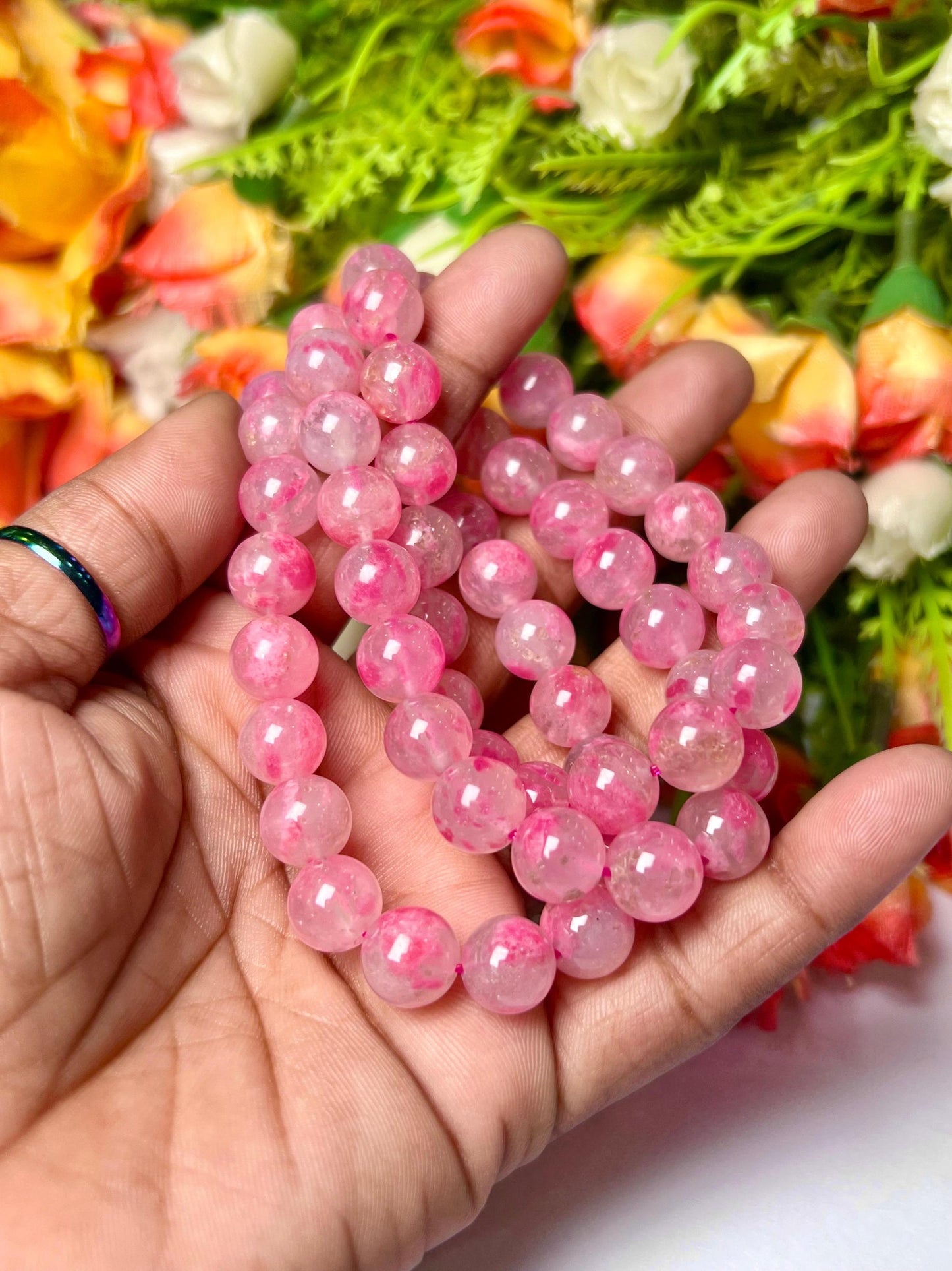 Rhodonite In Quartz Stone Bracelet l Cherry Blossom Sakura Rhodonite Stone Stretchable Bracelet l Unisex Bracelet l 10 MM Bracelet