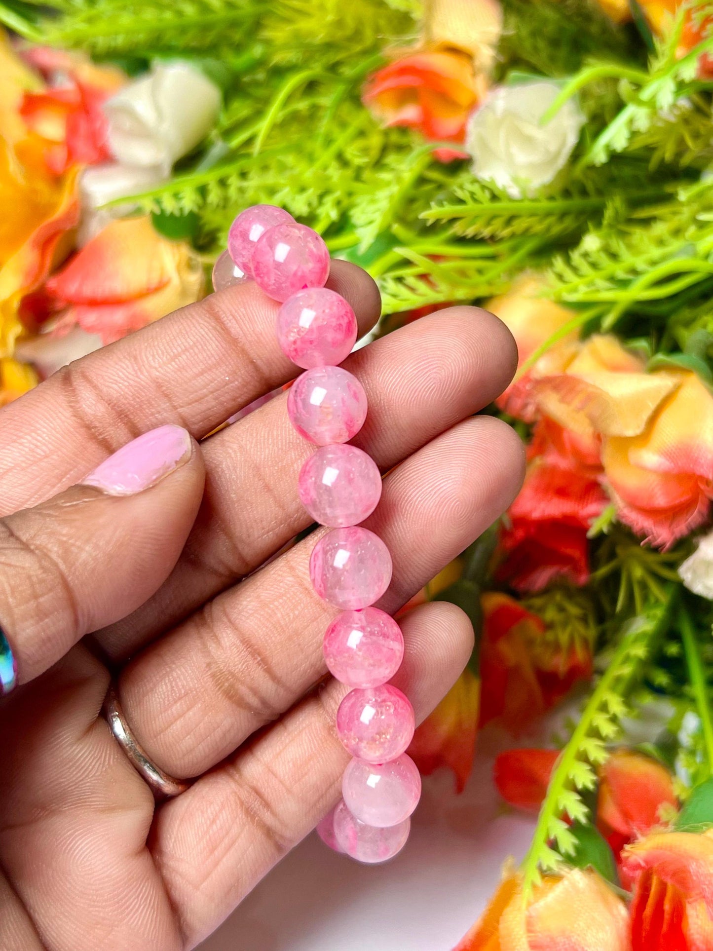 Rhodonite In Quartz Stone Bracelet l Cherry Blossom Sakura Rhodonite Stone Stretchable Bracelet l Unisex Bracelet l 10 MM Bracelet