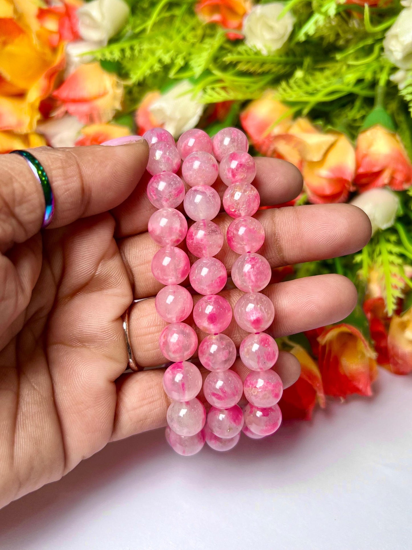 Rhodonite In Quartz Stone Bracelet l Cherry Blossom Sakura Rhodonite Stone Stretchable Bracelet l Unisex Bracelet l 10 MM Bracelet