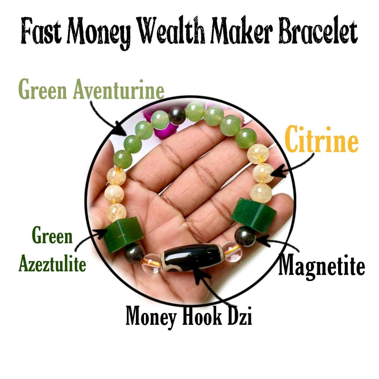 Fast Money Wealth Maker Bracelet with Tibetan Money Hook Dzi Stone, Citrine ,Green Aventurine ,Magnetite ,Himalaya Crystal Quartz