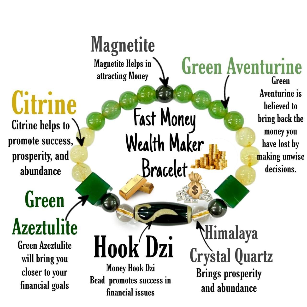 Fast Money Wealth Maker Bracelet with Tibetan Money Hook Dzi Stone, Citrine ,Green Aventurine ,Magnetite ,Himalaya Crystal Quartz