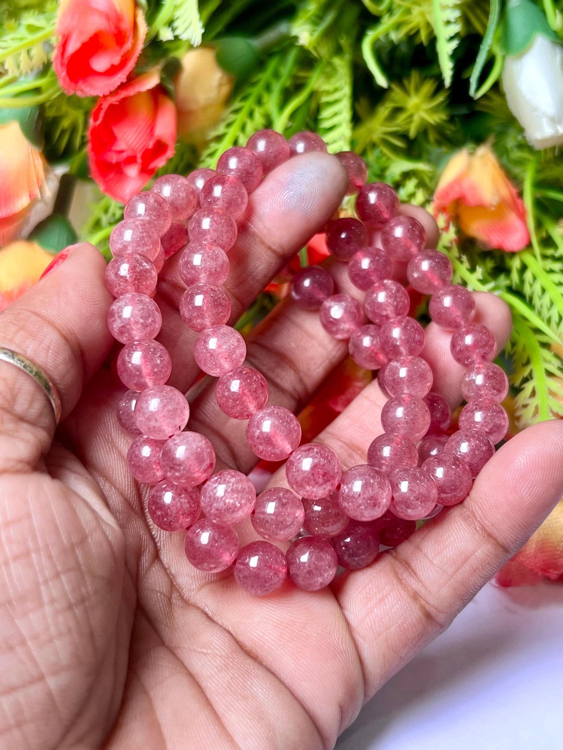 Strawberry Quartz Stone Bracelet l Stretchable Bracelet l Unisex Bracelet l 8 MM Bracelet