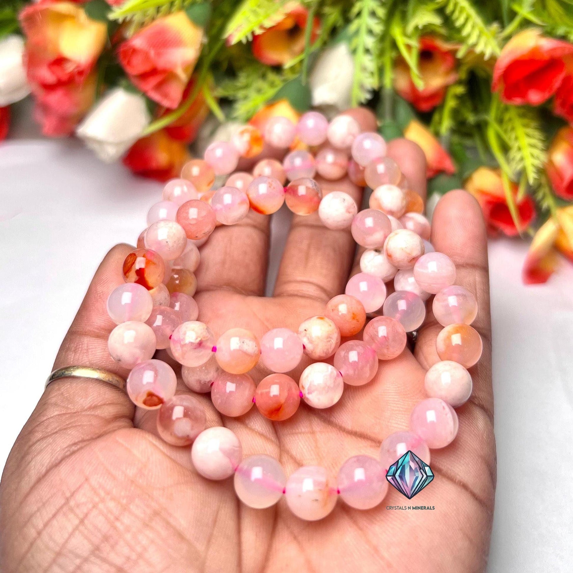 Pink Flower Agate Stone Bracelet l Stretchable Bracelet l Unisex Bracelet l 8 MM Bracelet