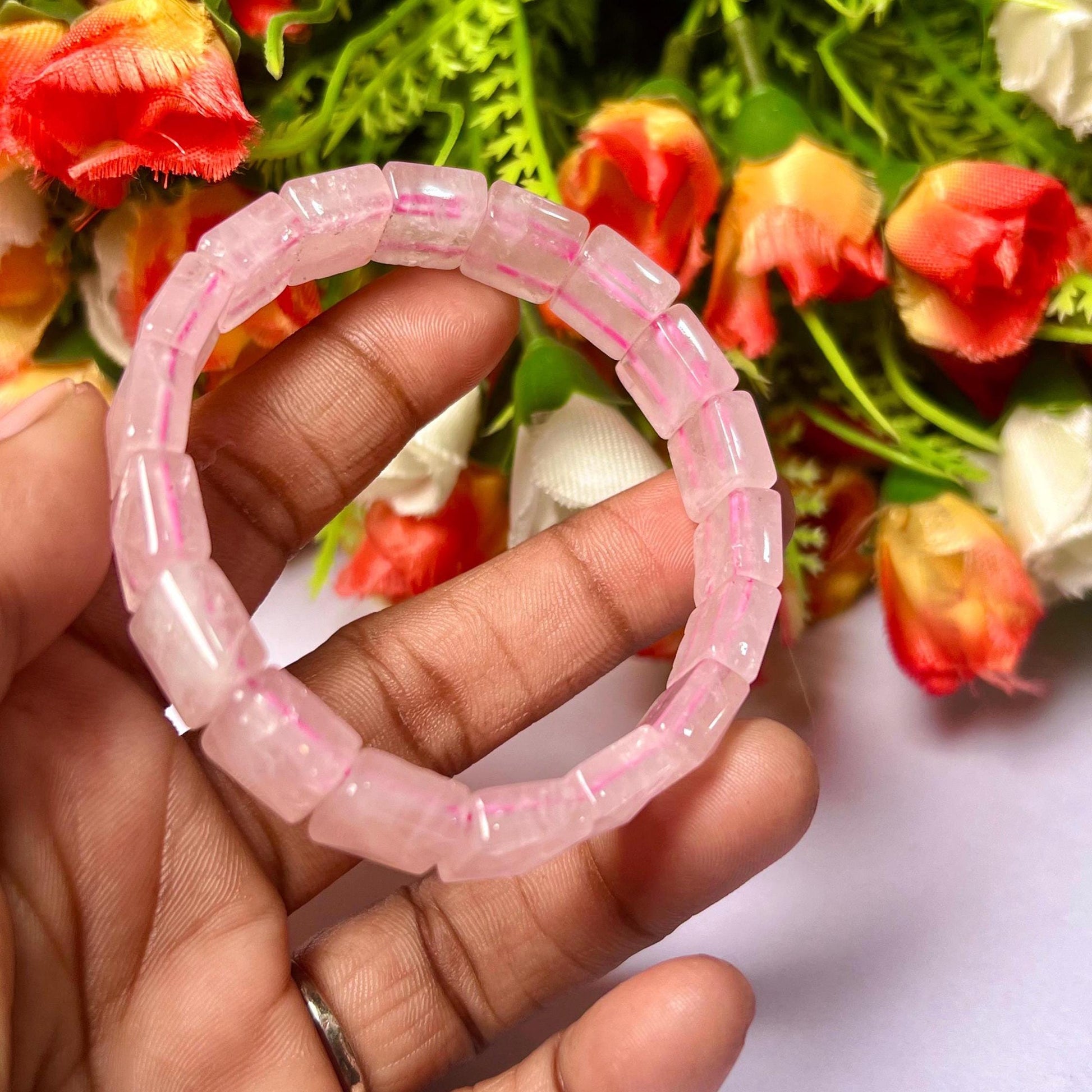 Rose Quartz Stone Pyramid Shape 10 MM Bracelet