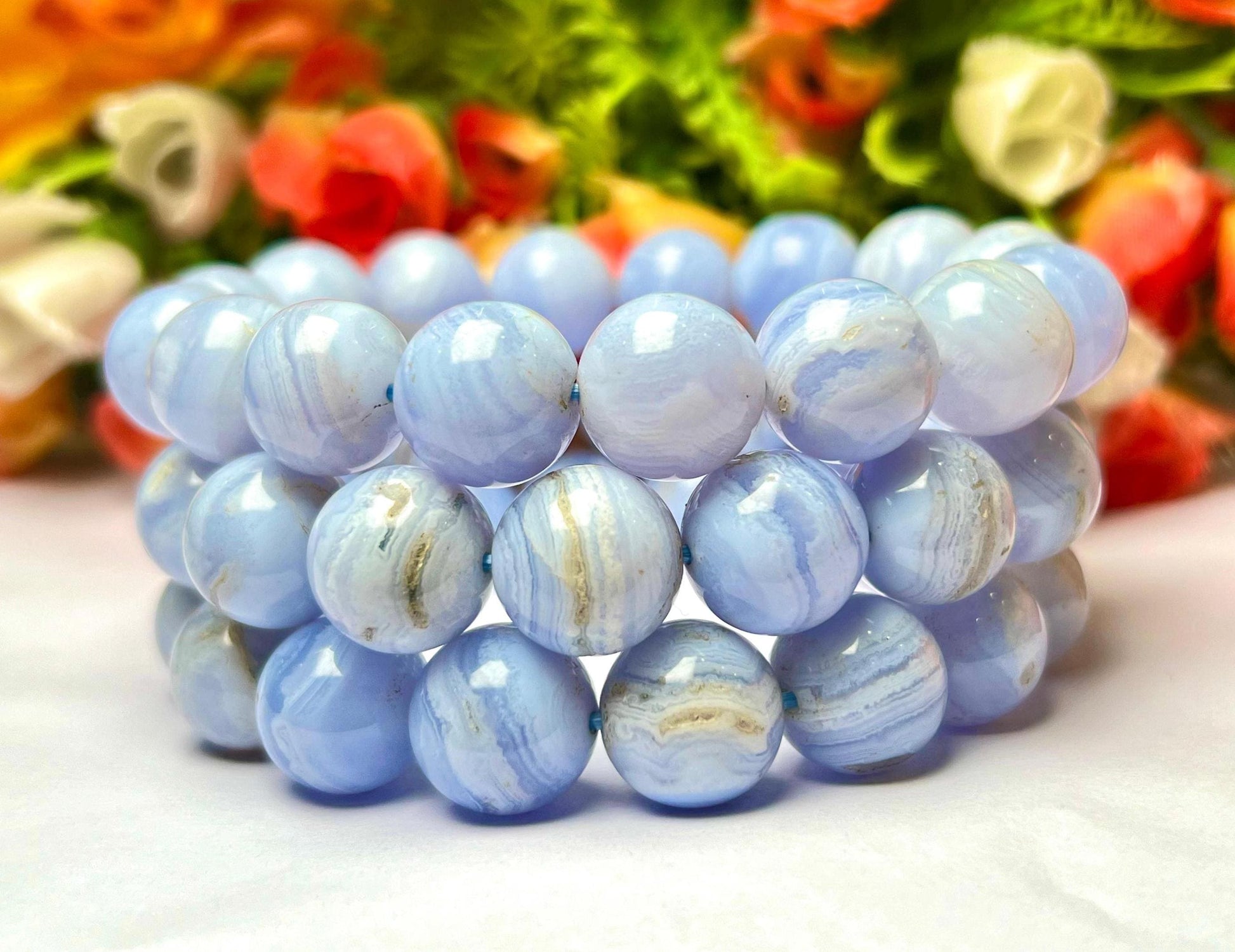 Men's 14 MM Blue Lace Agate Stone Bracelet| Jewelry for Men