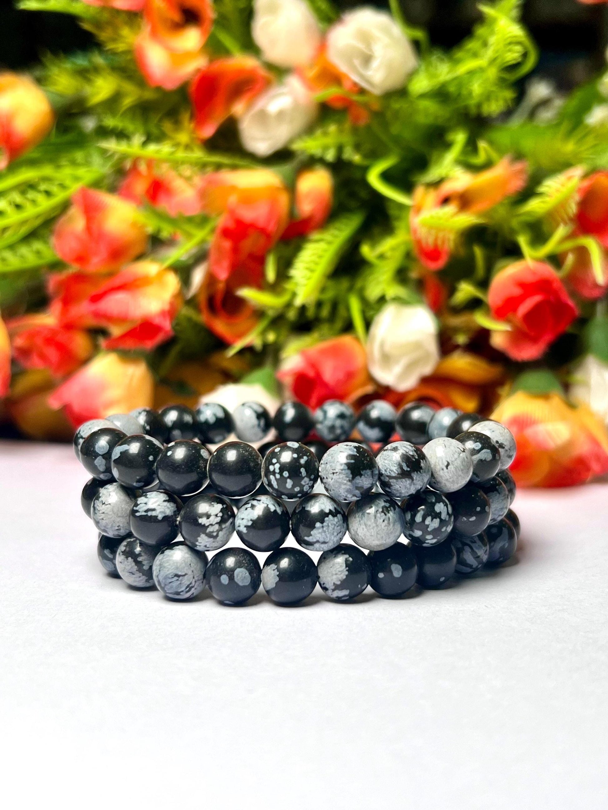 Snowflake Obsidian Stone Bracelet l Stretchable Bracelet l Unisex Bracelet l 8 MM Bracelet