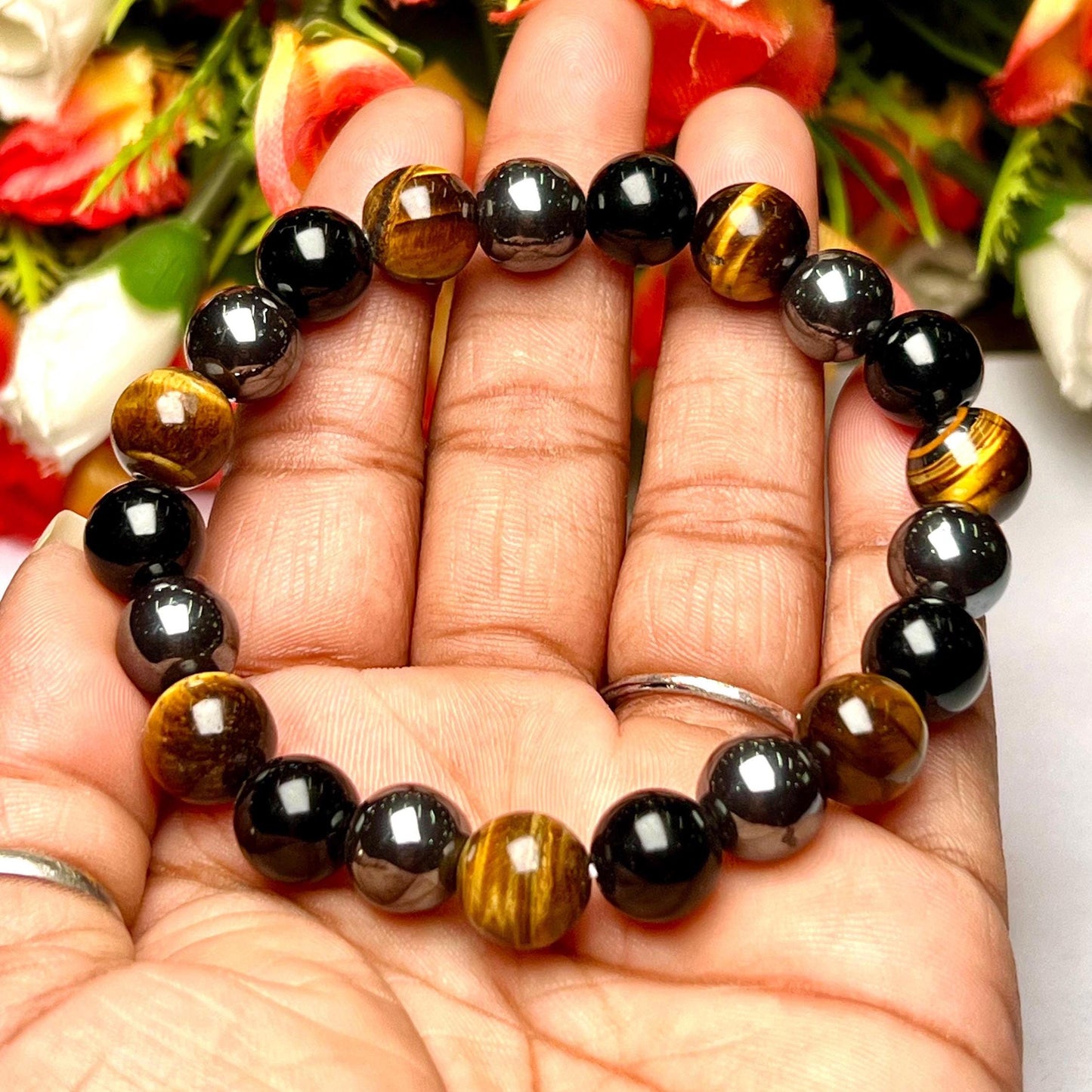 Men's TRIPLE Protection Stone Bracelet 10 mm Yellow Tiger's Eye , Hematite And Black Onyx