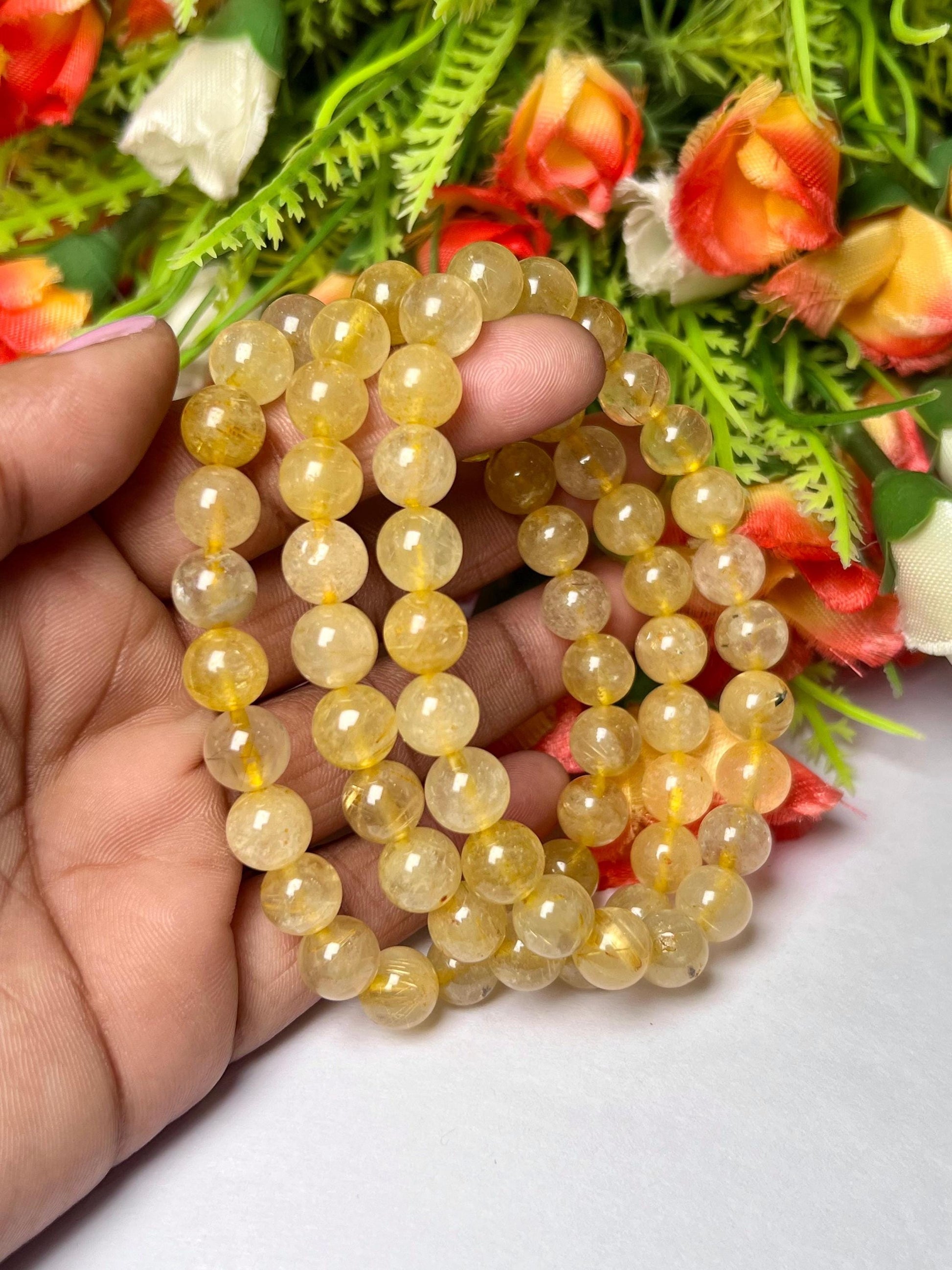 Golden Rutilated Quartz Stone Bracelet l Stretchable Bracelet l Unisex Bracelet l 8 MM Bracelet