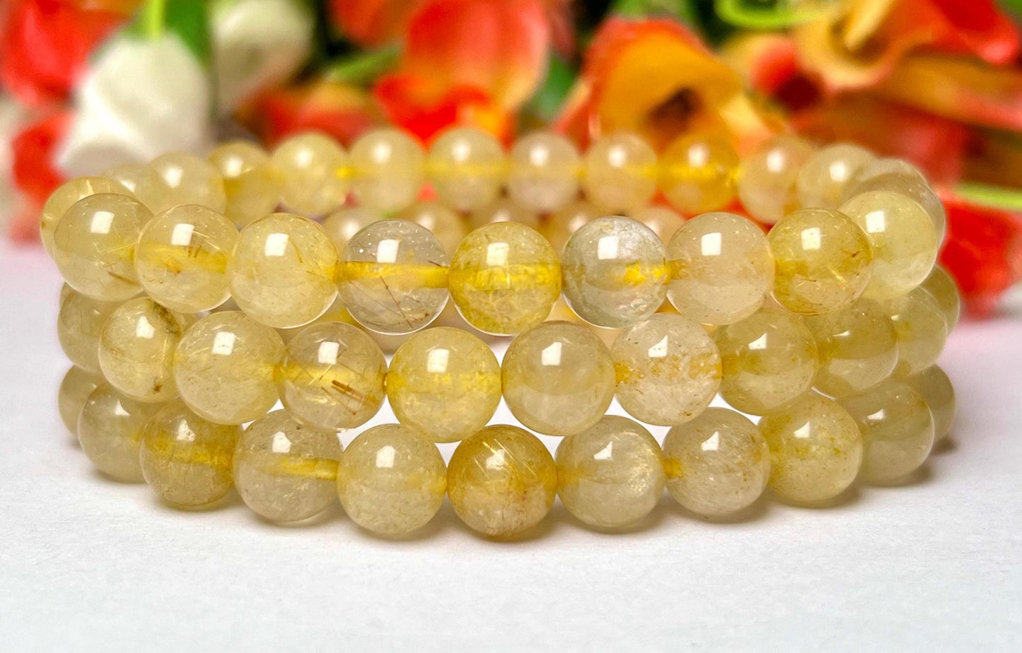 Golden Rutilated Quartz Stone Bracelet l Stretchable Bracelet l Unisex Bracelet l 8 MM Bracelet