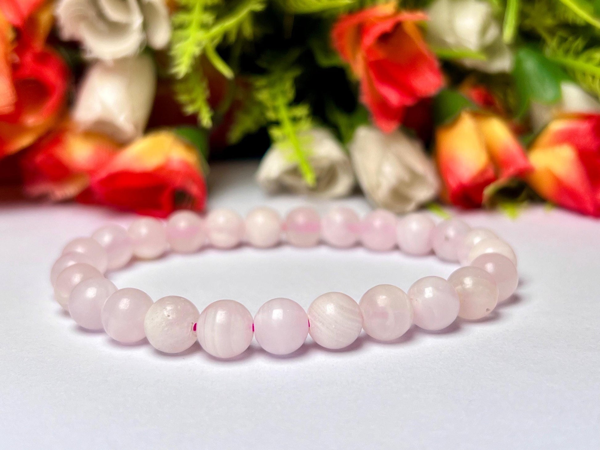 Pink Mangano Calcite Stone Bracelet (U V Light) l Stretchable Bracelet l Unisex Bracelet l 8 MM Bracelet