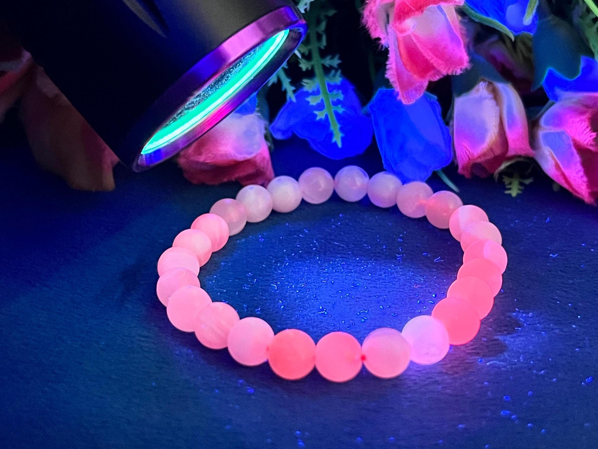 Pink Mangano Calcite Stone Bracelet (U V Light) l Stretchable Bracelet l Unisex Bracelet l 8 MM Bracelet