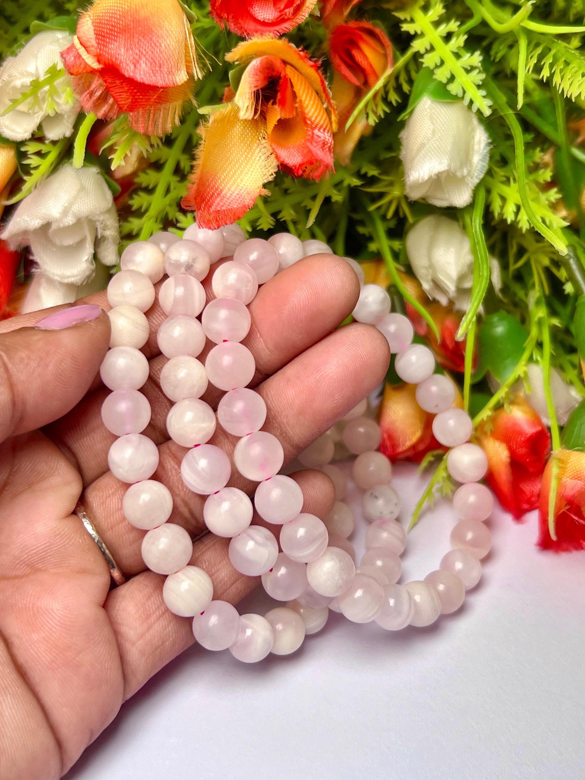 Pink Mangano Calcite Stone Bracelet (U V Light) l Stretchable Bracelet l Unisex Bracelet l 8 MM Bracelet