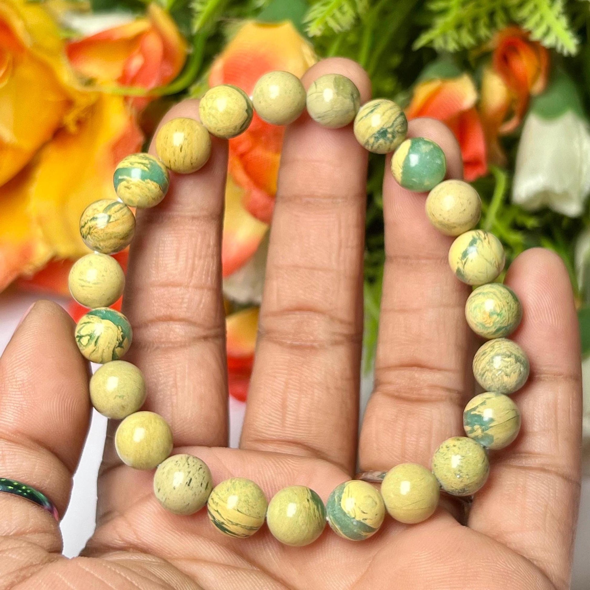 Yellow American Phosphorus Variscite Diaspore Stone Bracelet l Stretchable Bracelet l Unisex Bracelet l 8 MM Bracelet