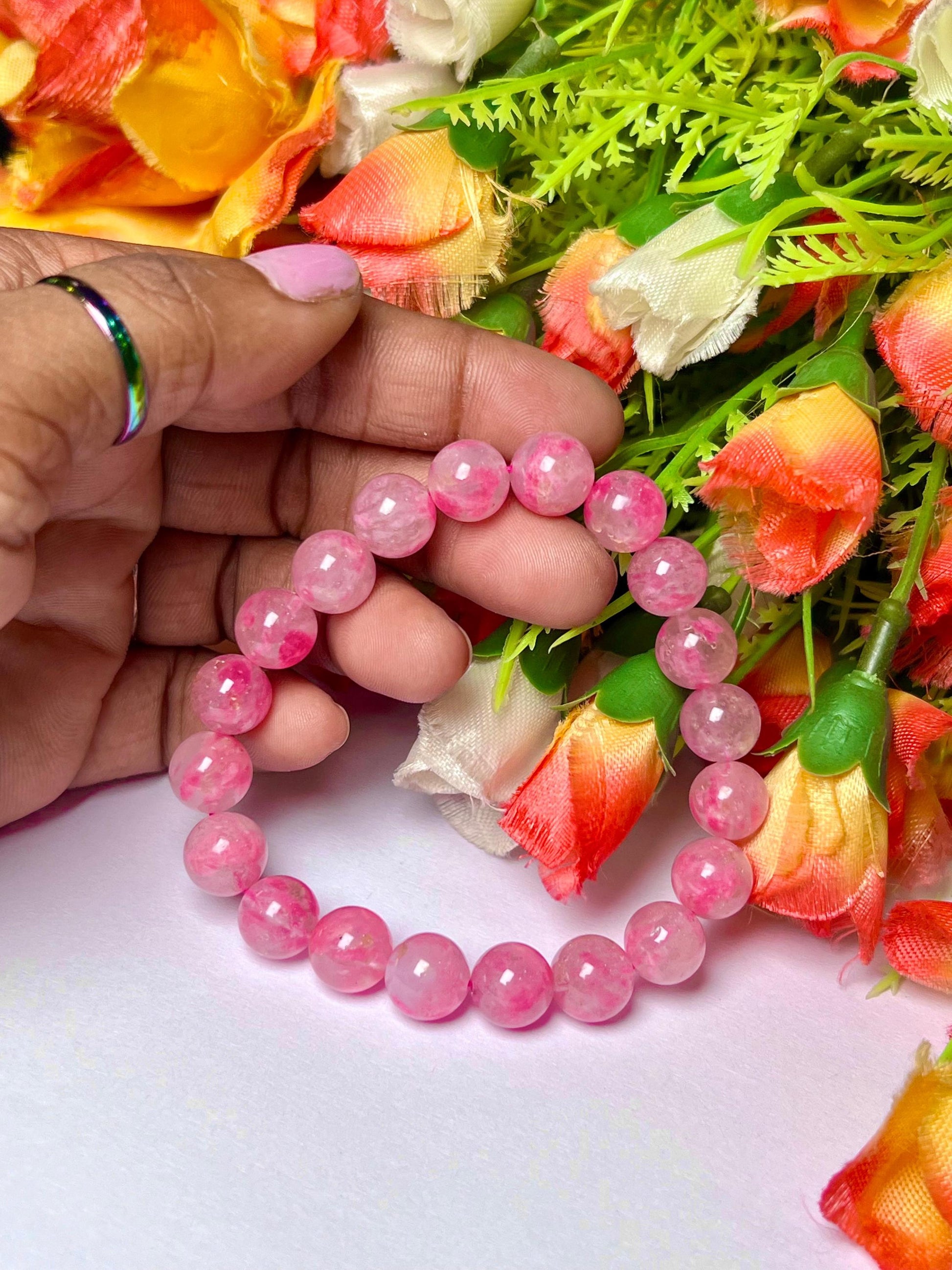 Rhodonite In Quartz Stone Bracelet l Cherry Blossom Sakura Rhodonite Stone Stretchable Bracelet l Unisex Bracelet l 10 MM Bracelet