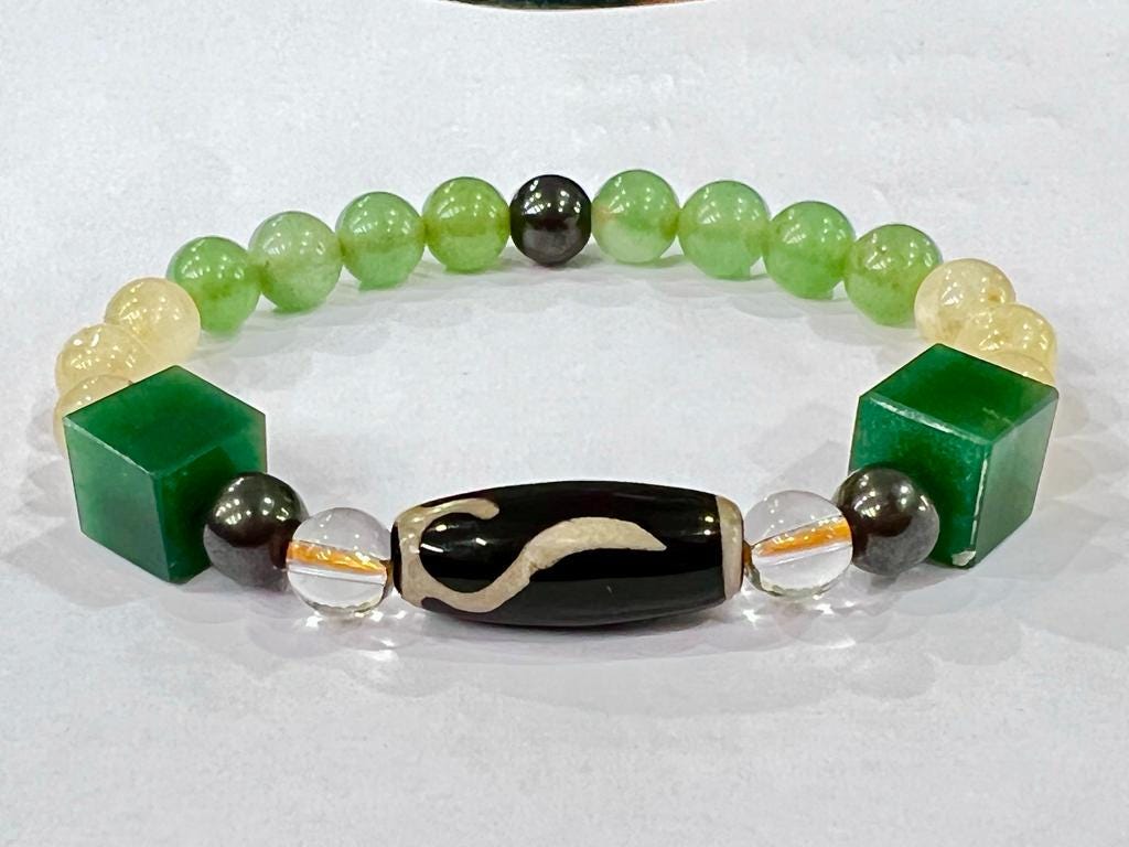 Fast Money Wealth Maker Bracelet with Tibetan Money Hook Dzi Stone, Citrine ,Green Aventurine ,Magnetite ,Himalaya Crystal Quartz