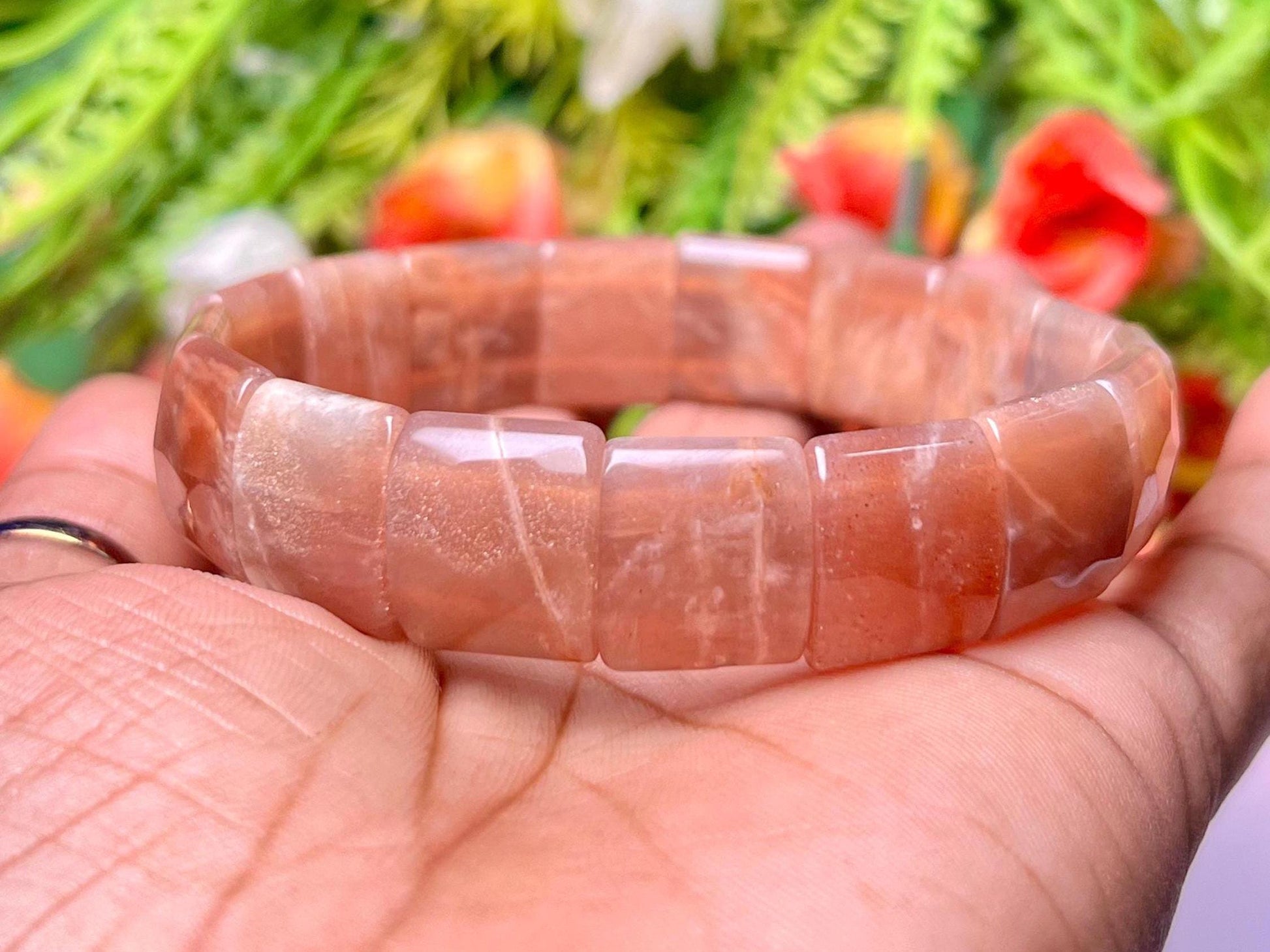 15 MM Peach Moonstone Stone Bracelet l Stretchable Bracelet