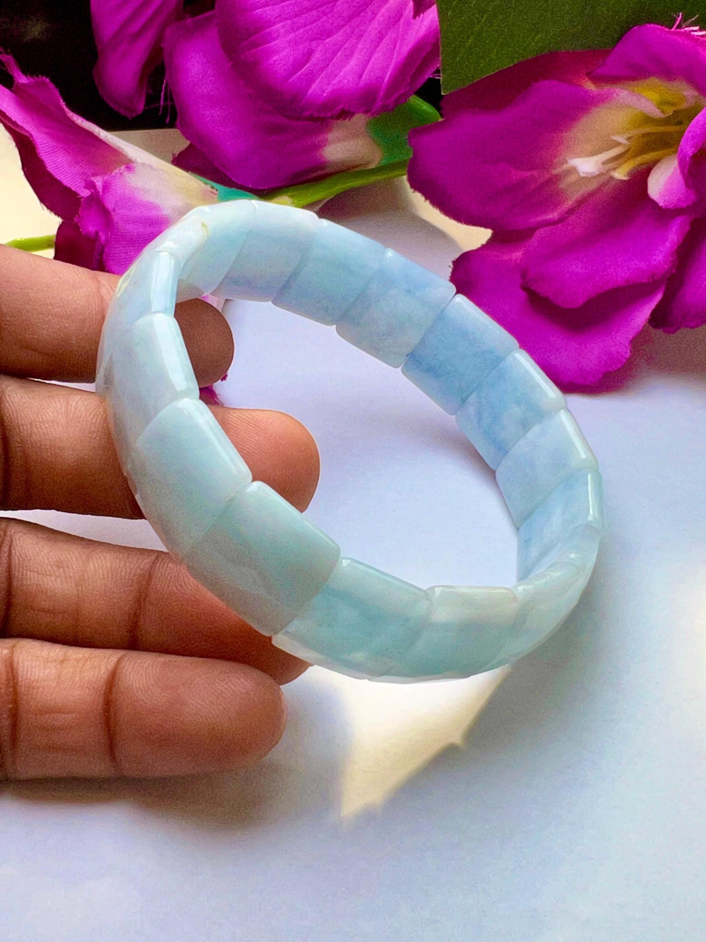 15 MM Aquamarine Stone Bracelet l Stretchable Bracelet