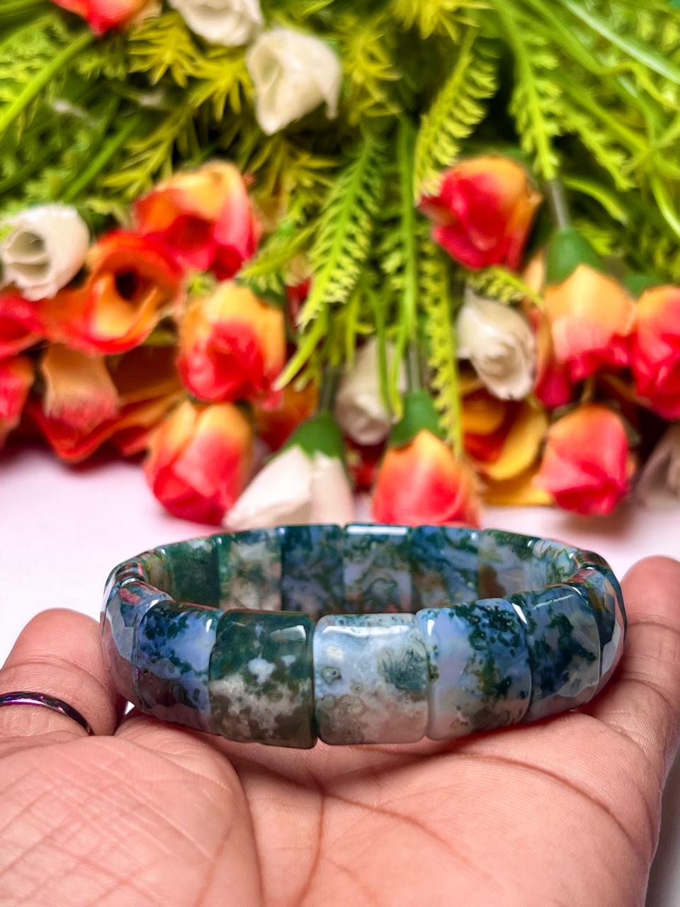 15 MM Moss Agate Stone Bracelet l Stretchable Bracelet