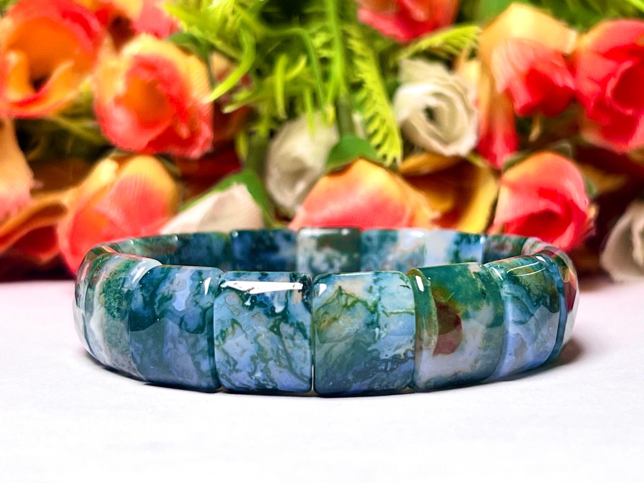 15 MM Moss Agate Stone Bracelet l Stretchable Bracelet