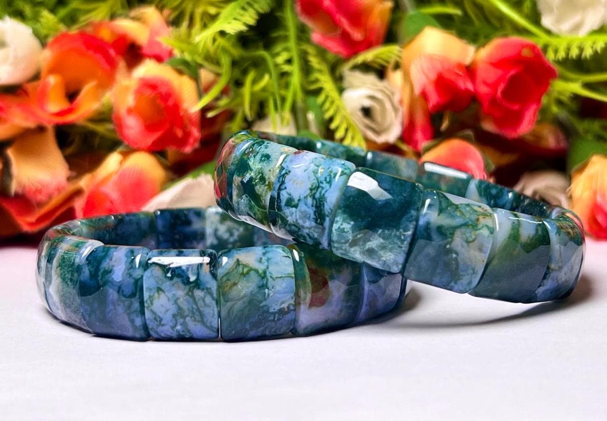 15 MM Moss Agate Stone Bracelet l Stretchable Bracelet