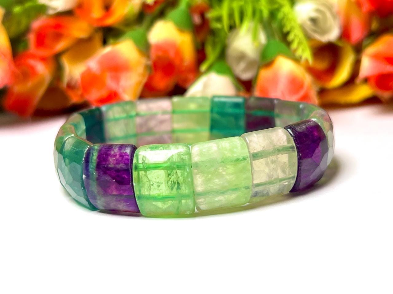 15 MM Multi Rainbow Fluorite Stone Bracelet l Stretchable Bracelet