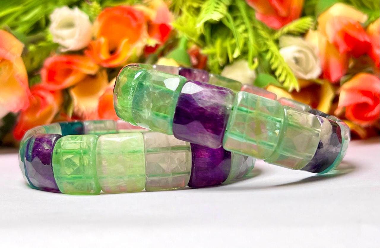 15 MM Multi Rainbow Fluorite Stone Bracelet l Stretchable Bracelet