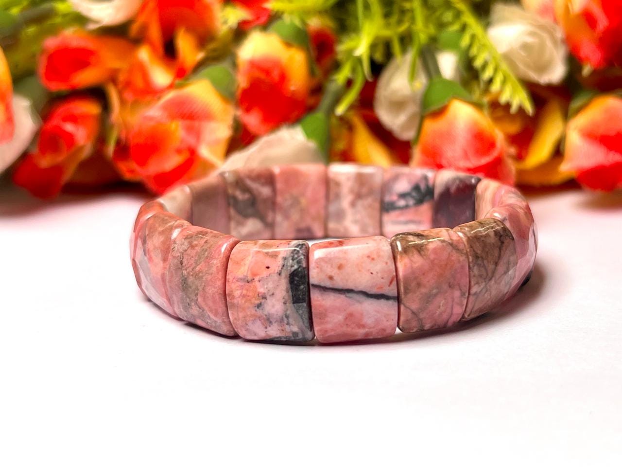 15 MM Rhodonite Stone Bracelet l Stretchable Bracelet