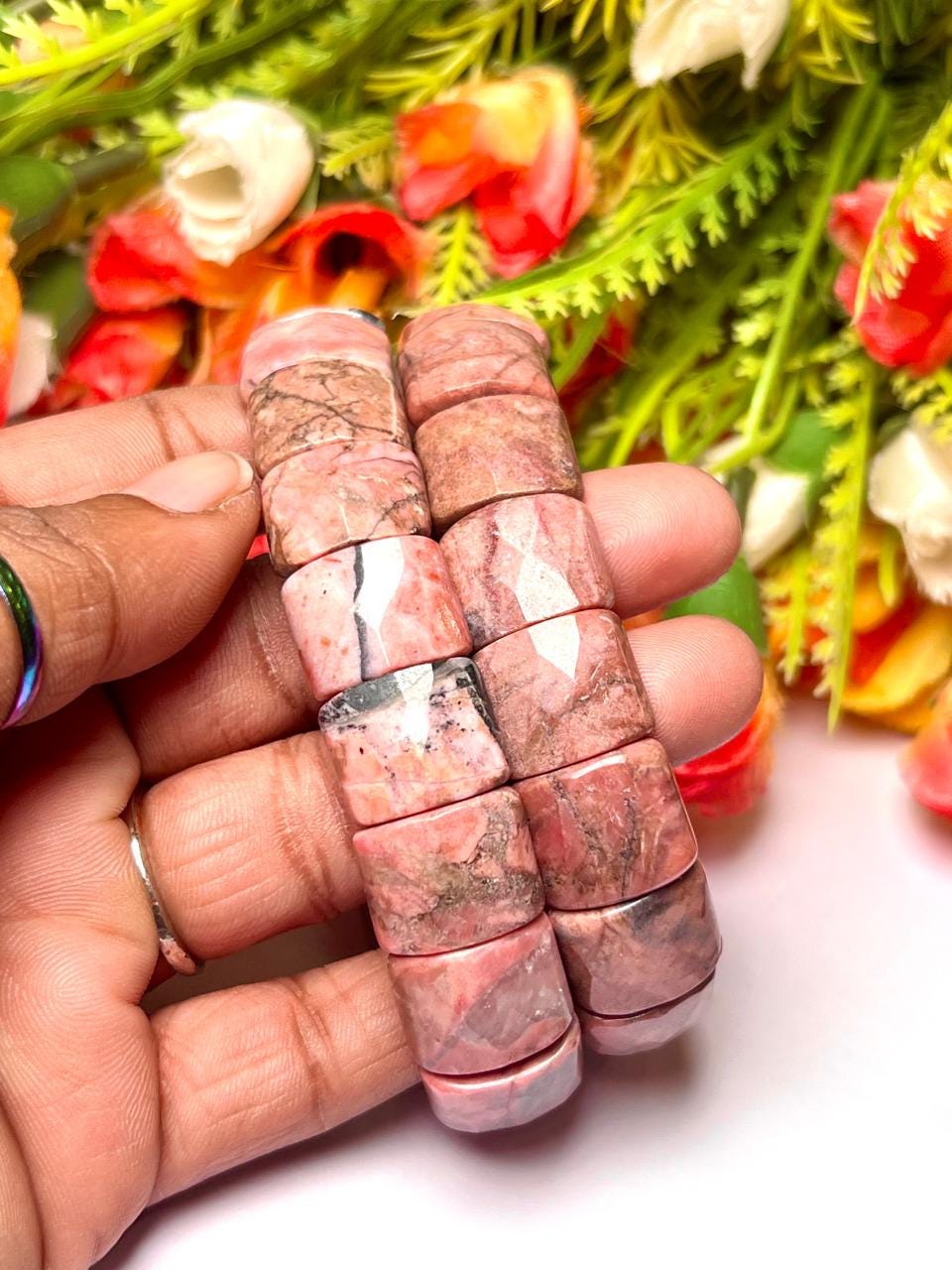 15 MM Rhodonite Stone Bracelet l Stretchable Bracelet