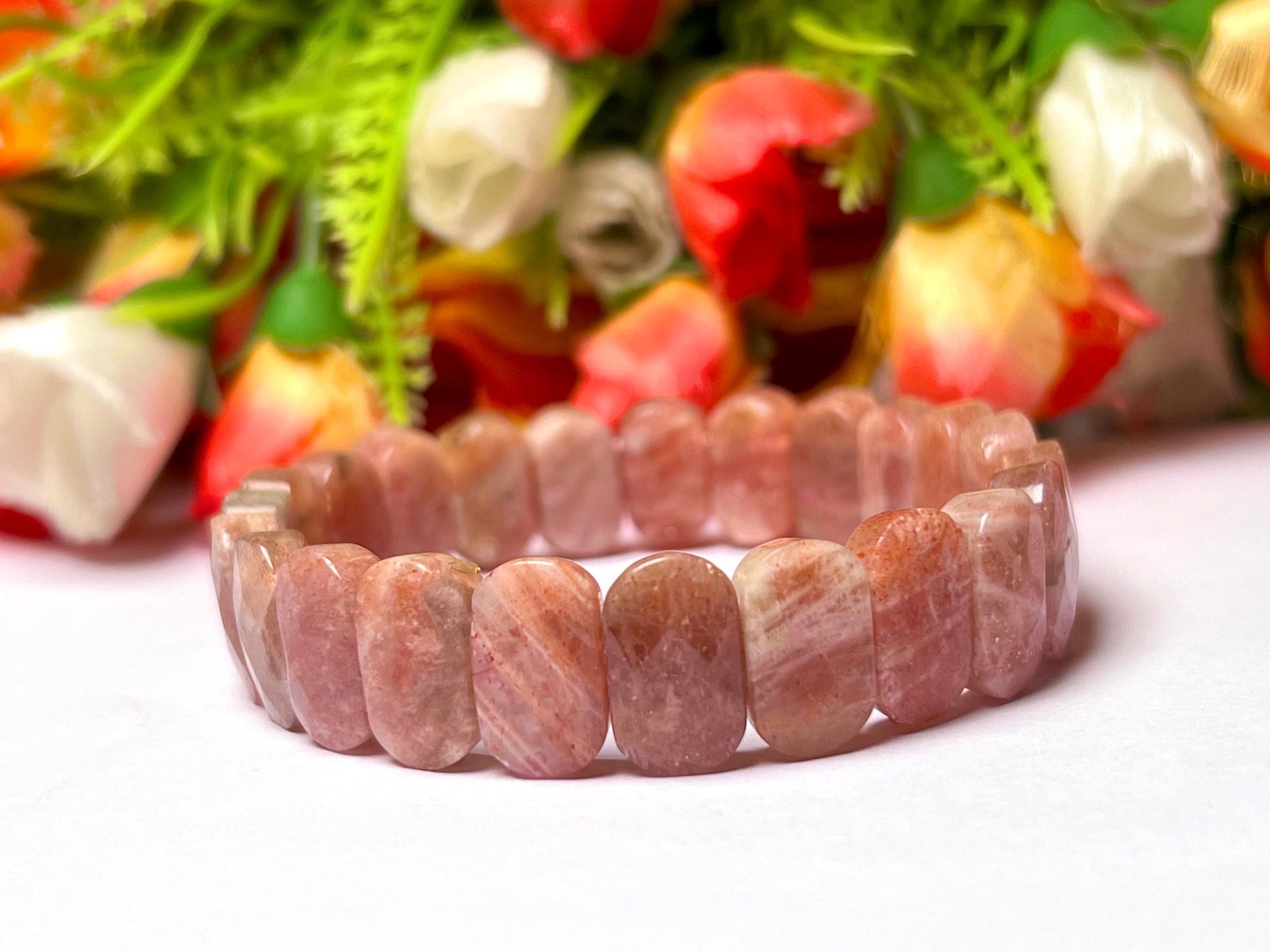 15 MM Peach Moonstone Bracelet l Stretchable Bracelet